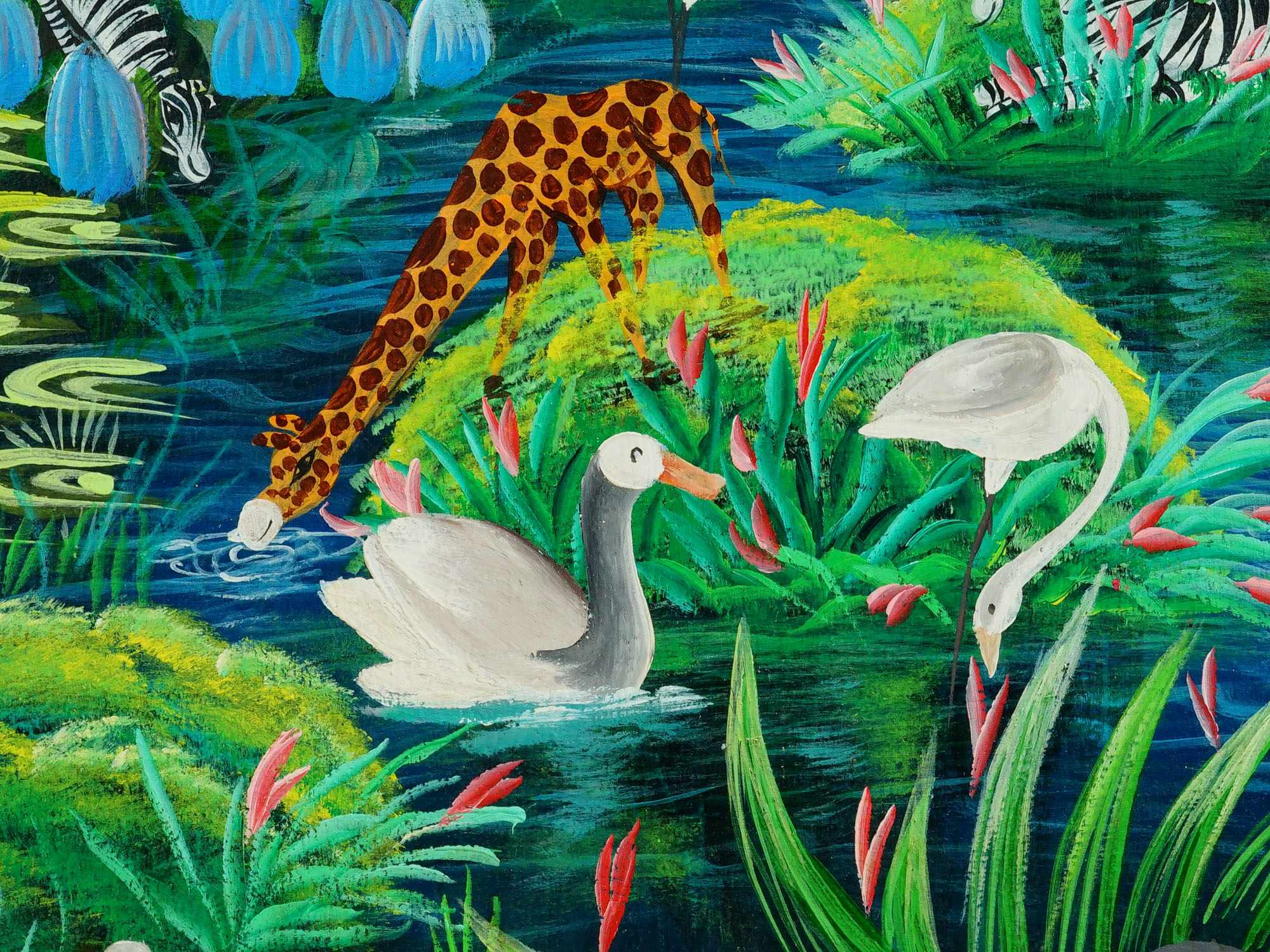 HAITIAN FRITZ JOURDAIN JUNGLE GARDEN OF EDEN OIL PAINTING