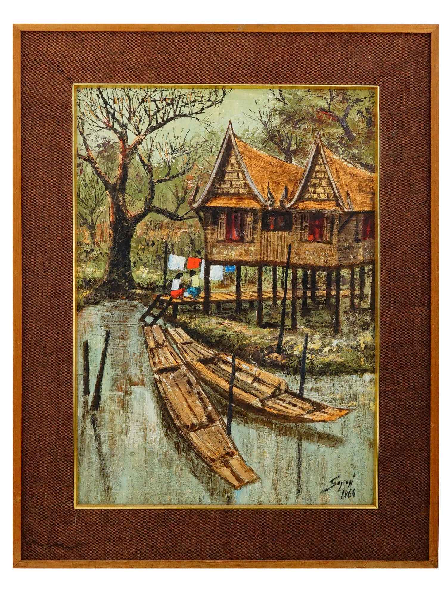 1966 THAI VILLAGE CANAL OIL PAINTING SIGNED SAPON PAINTING