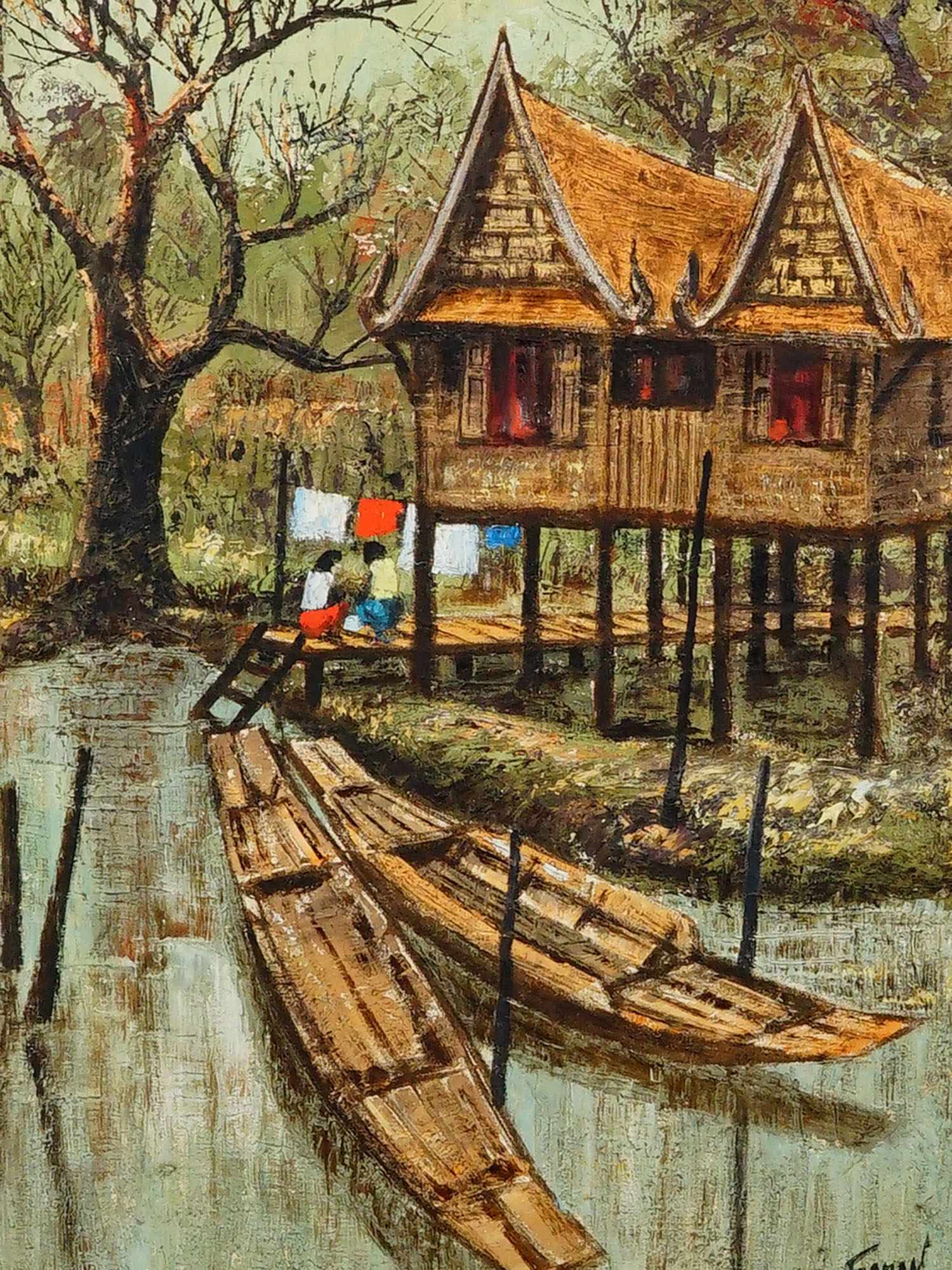 1966 THAI VILLAGE CANAL OIL PAINTING SIGNED SAPON PAINTING