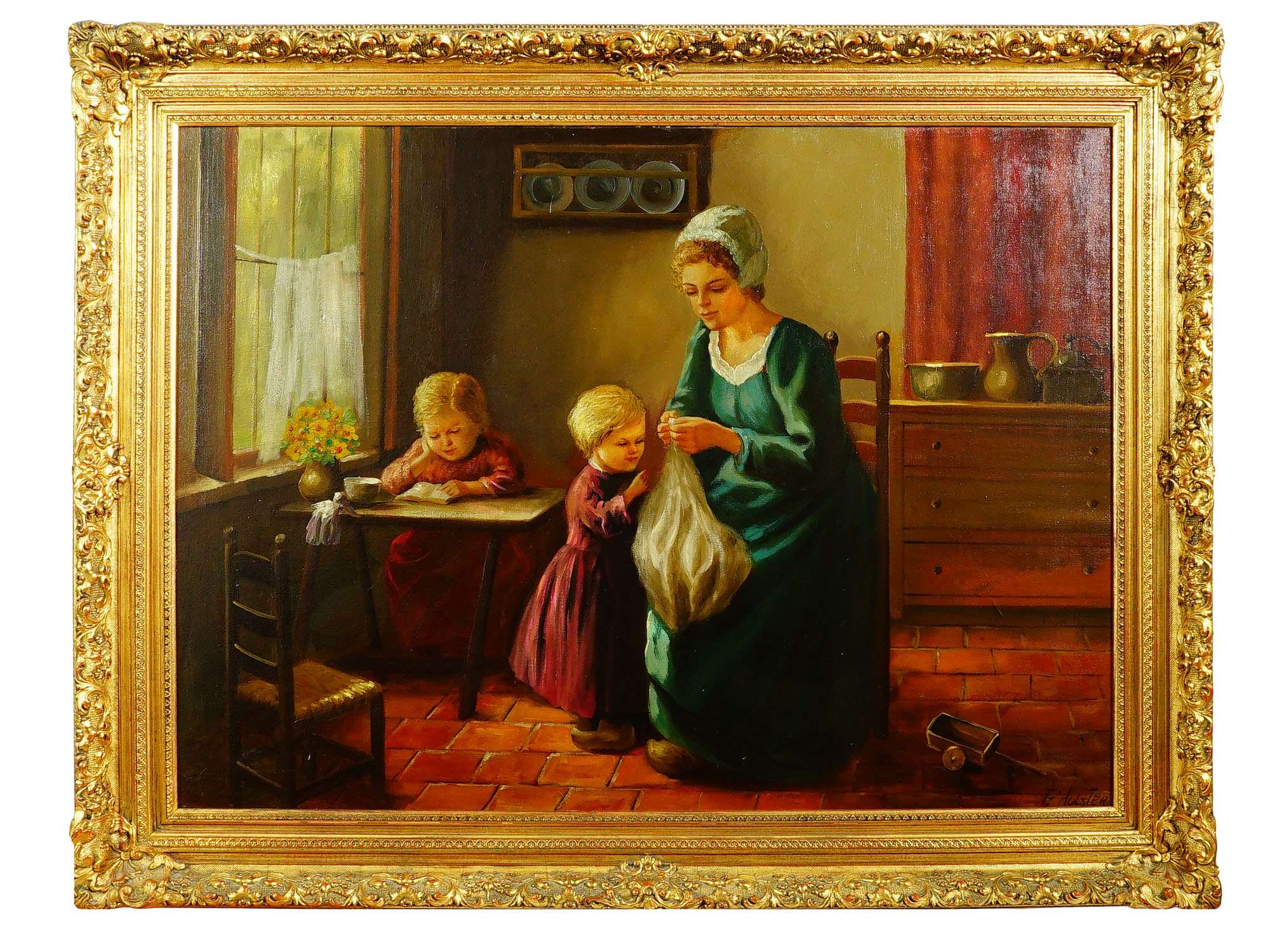 An antique oil on canvas genre painting by F. Holster, likely executed in the late 19th or early 20th century. The ...