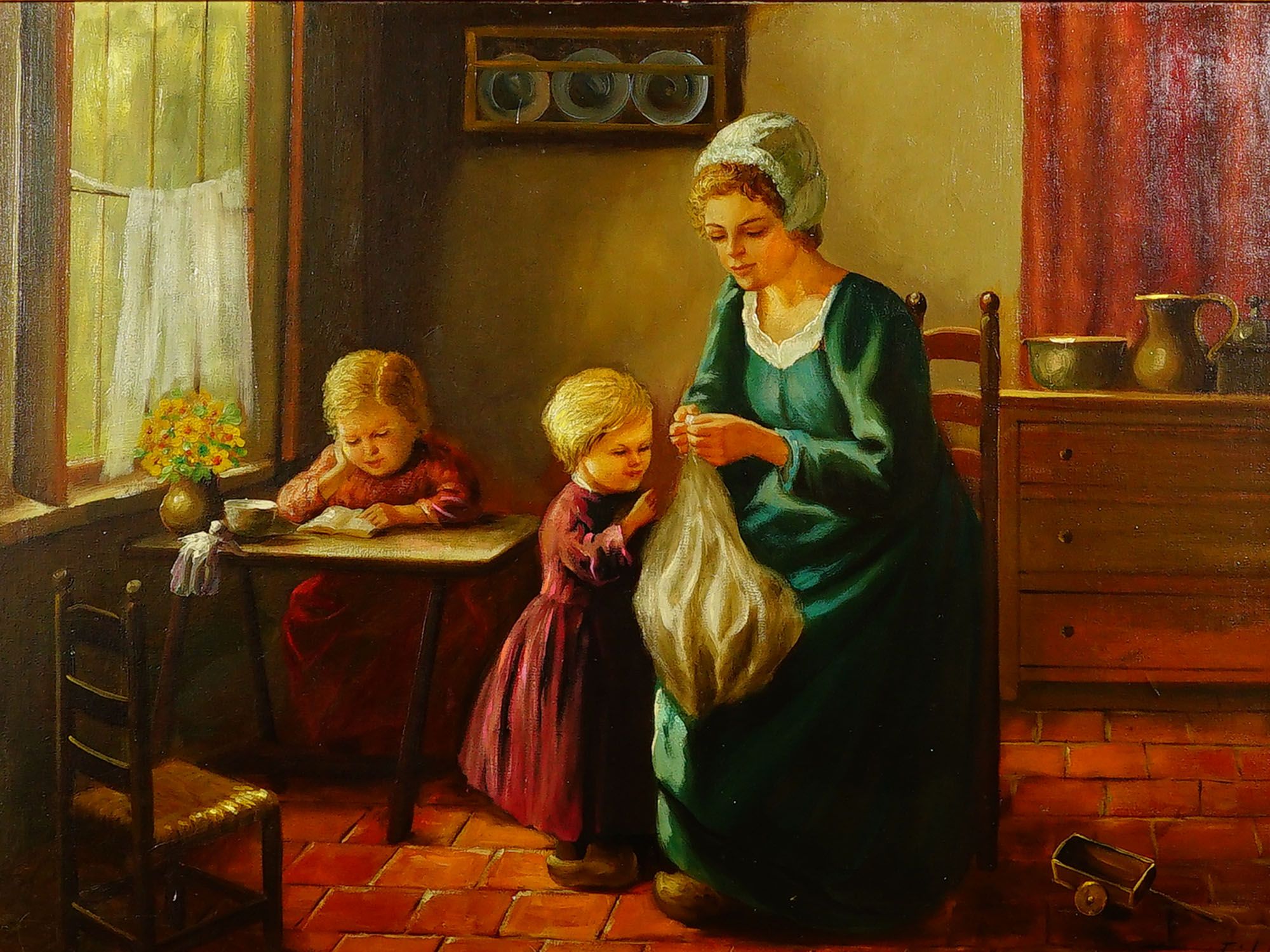 An antique oil on canvas genre painting by F. Holster, likely executed in the late 19th or early 20th century. The ...