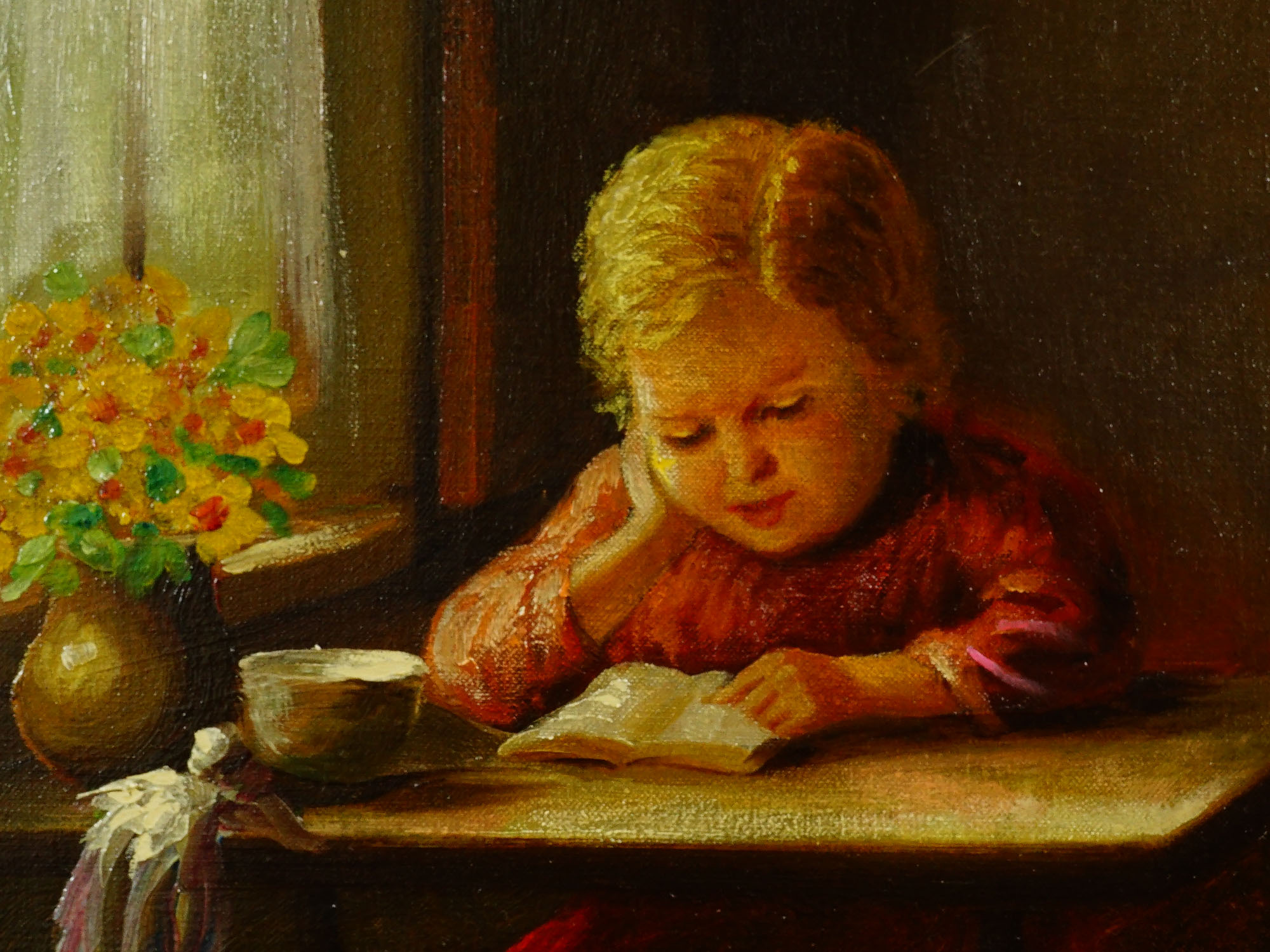 An antique oil on canvas genre painting by F. Holster, likely executed in the late 19th or early 20th century. The ...
