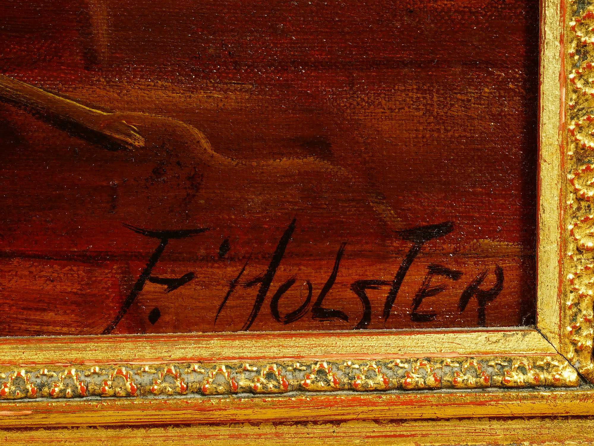 An antique oil on canvas genre painting by F. Holster, likely executed in the late 19th or early 20th century. The ...
