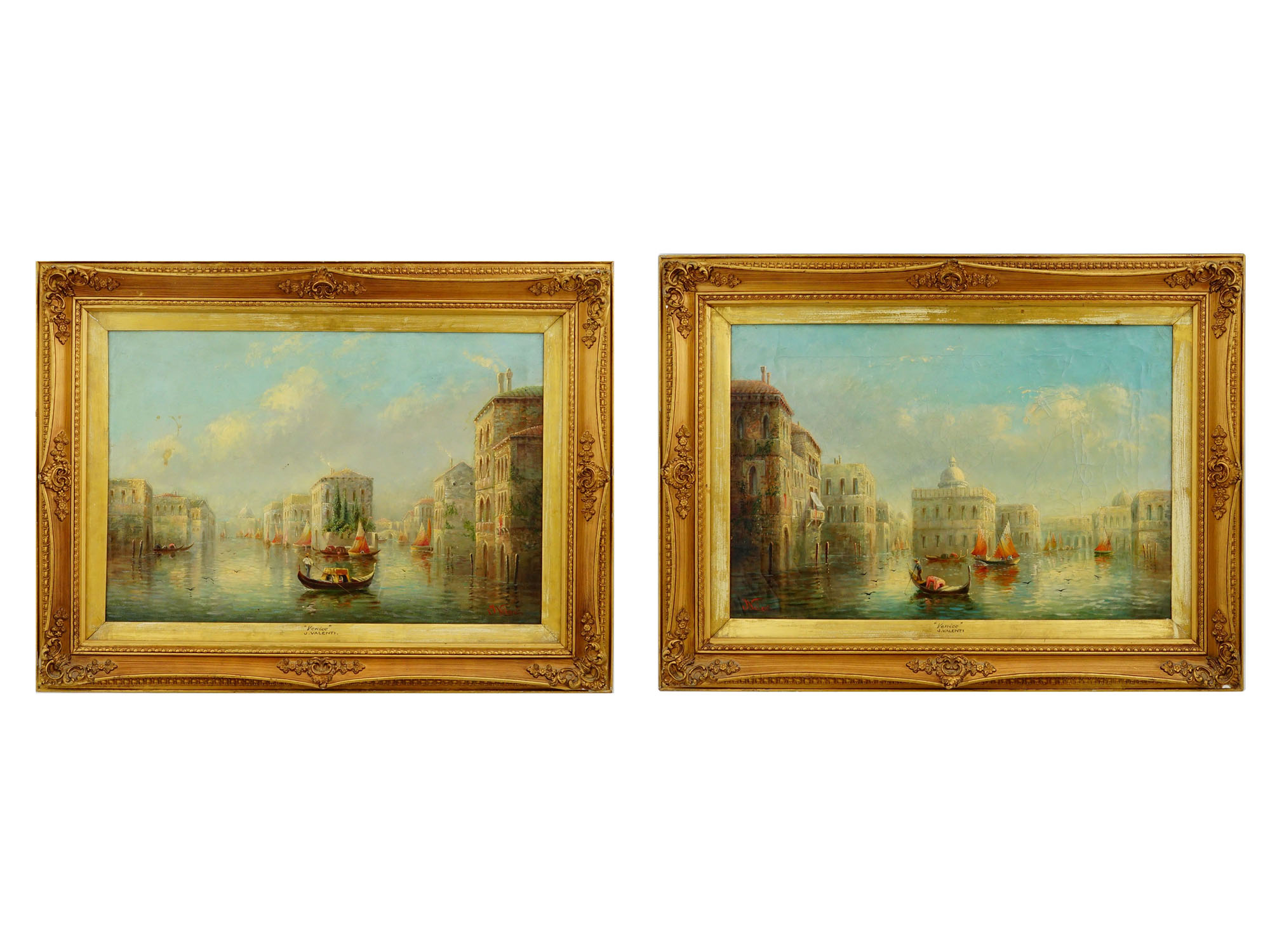 PAIR OF J. VALENTI VENETIAN CANAL OIL PAINTINGS