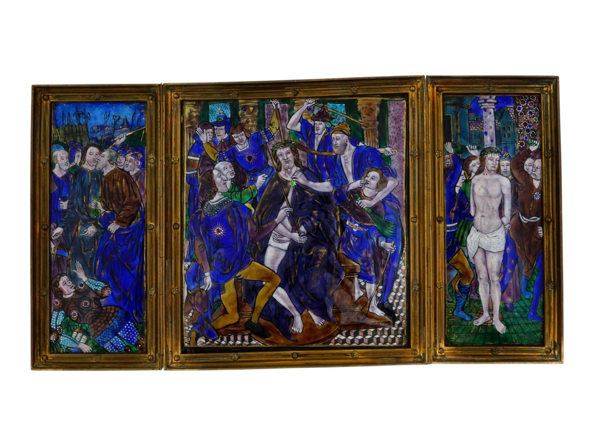 ANTIQUE 17TH C LIMOGES ENAMEL AND BRASS ICON TRIPTYCH