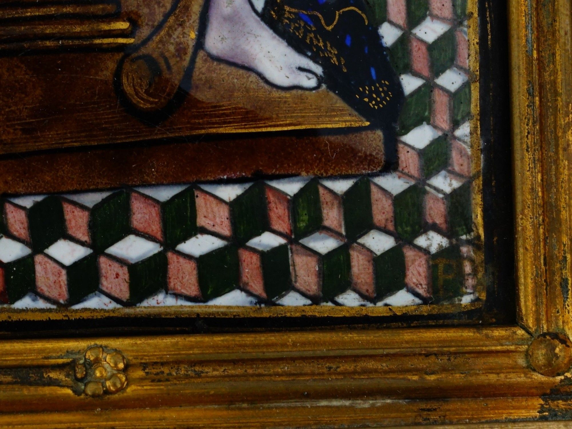 ANTIQUE 17TH C LIMOGES ENAMEL AND BRASS ICON TRIPTYCH