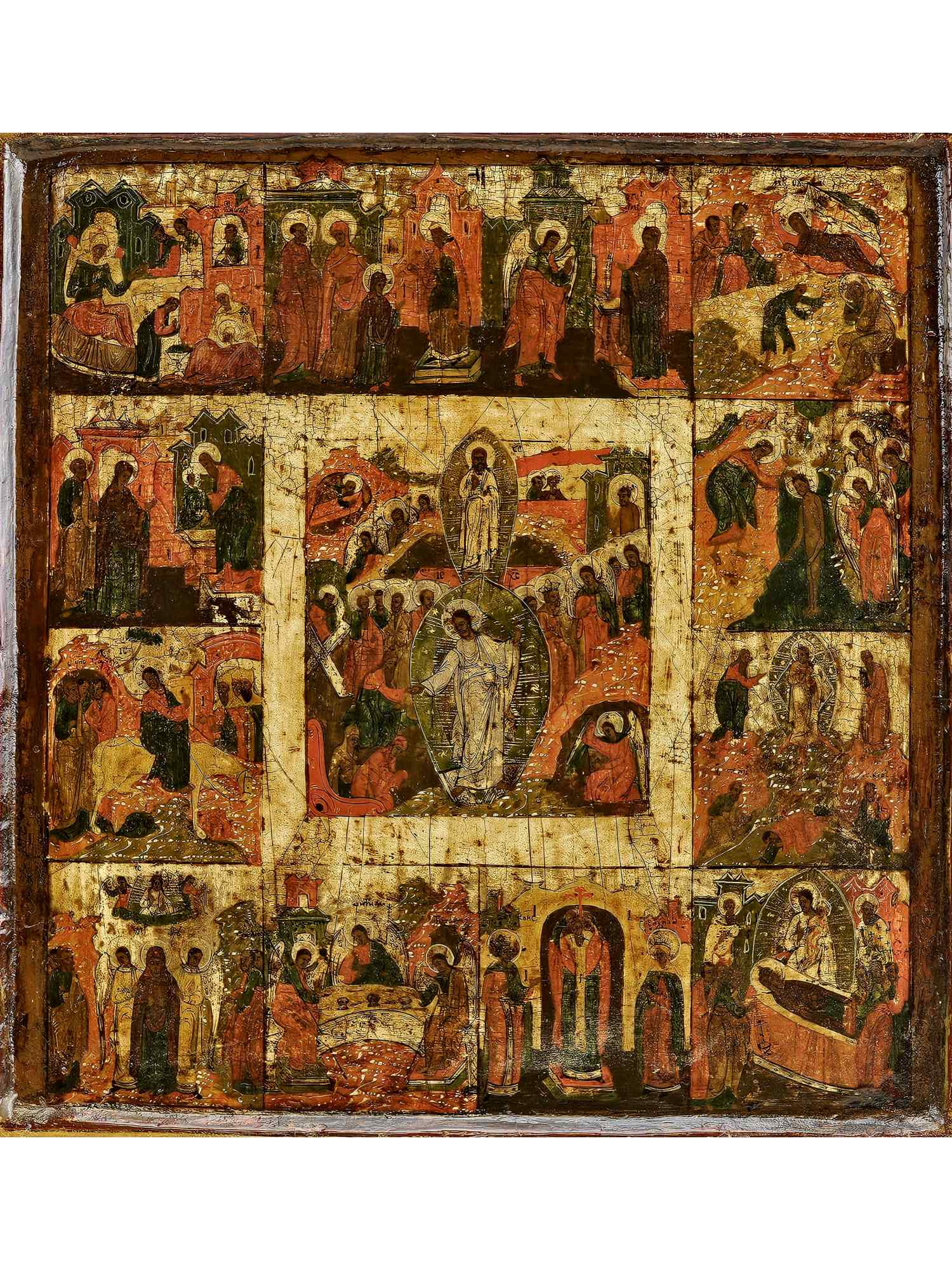 17TH/18TH C. RUSSIAN ICON RESURRECTION & FEASTS WITH KOVCHEG