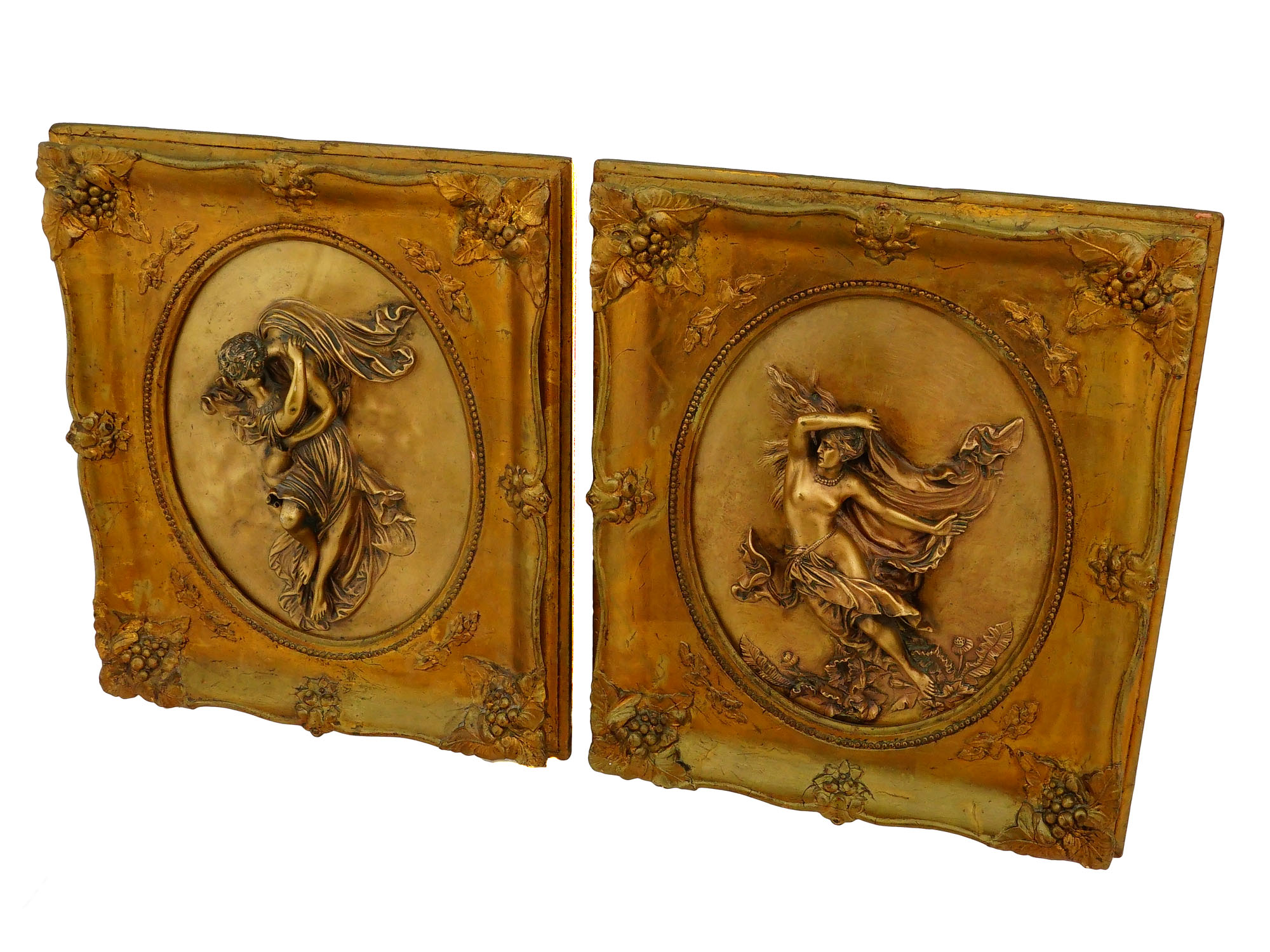 PAIR ANTIQUE EUROPEAN ART NOUVEAU BRONZE RELIEF PLAQUES