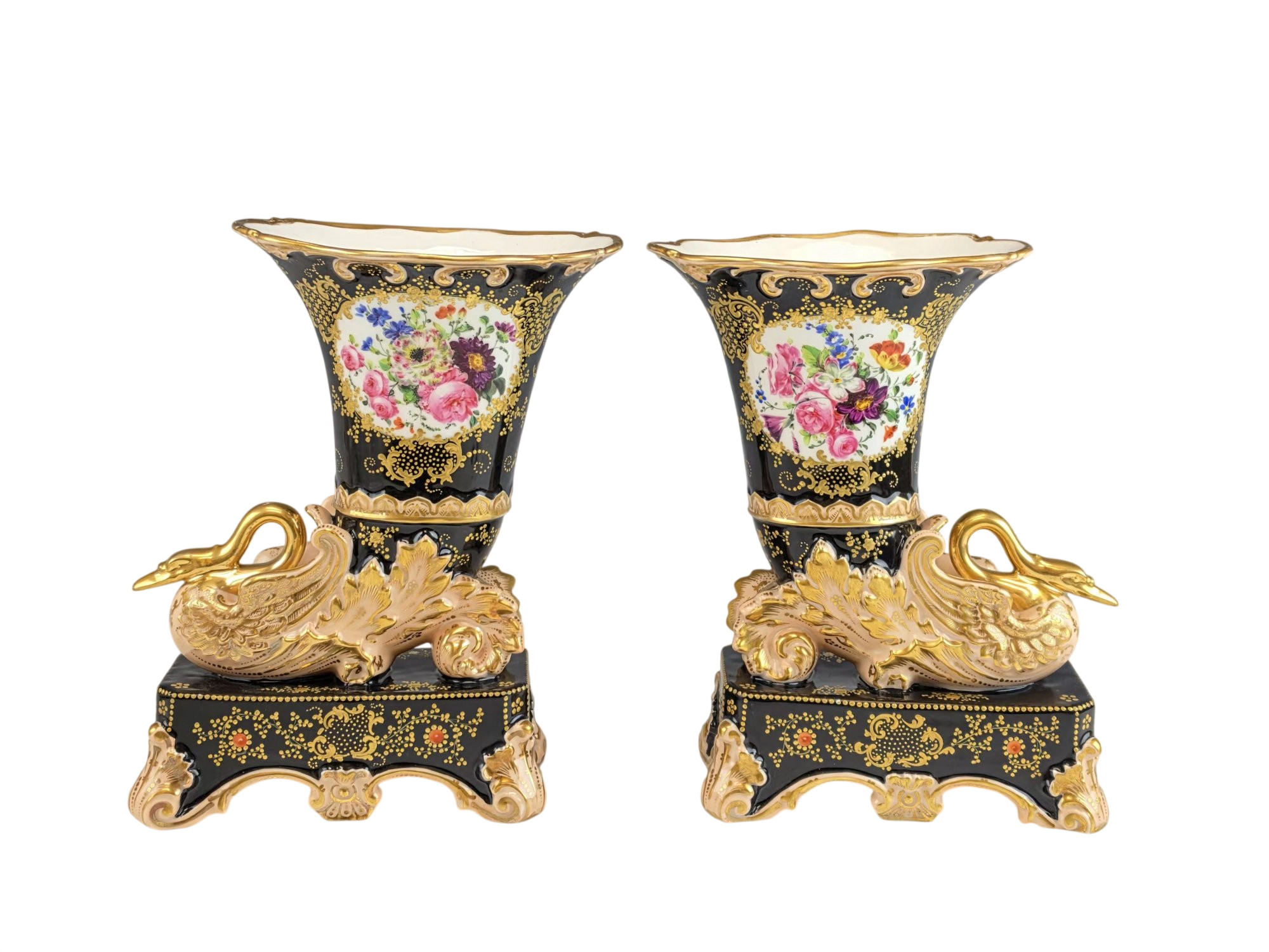 PAIR OF 19TH C FRENCH PORCELAIN SWAN VASES ATTR JACOB PETIT