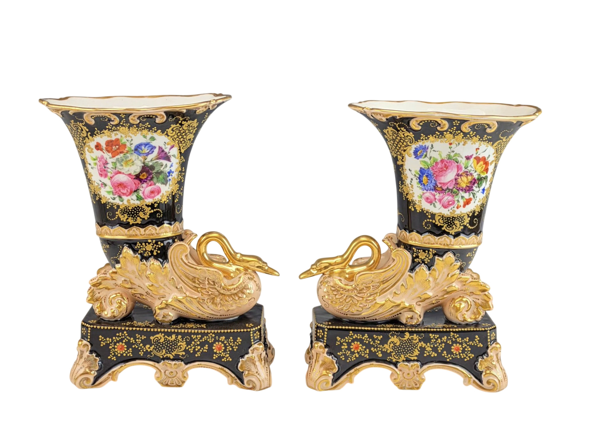 PAIR OF 19TH C FRENCH PORCELAIN SWAN VASES ATTR JACOB PETIT