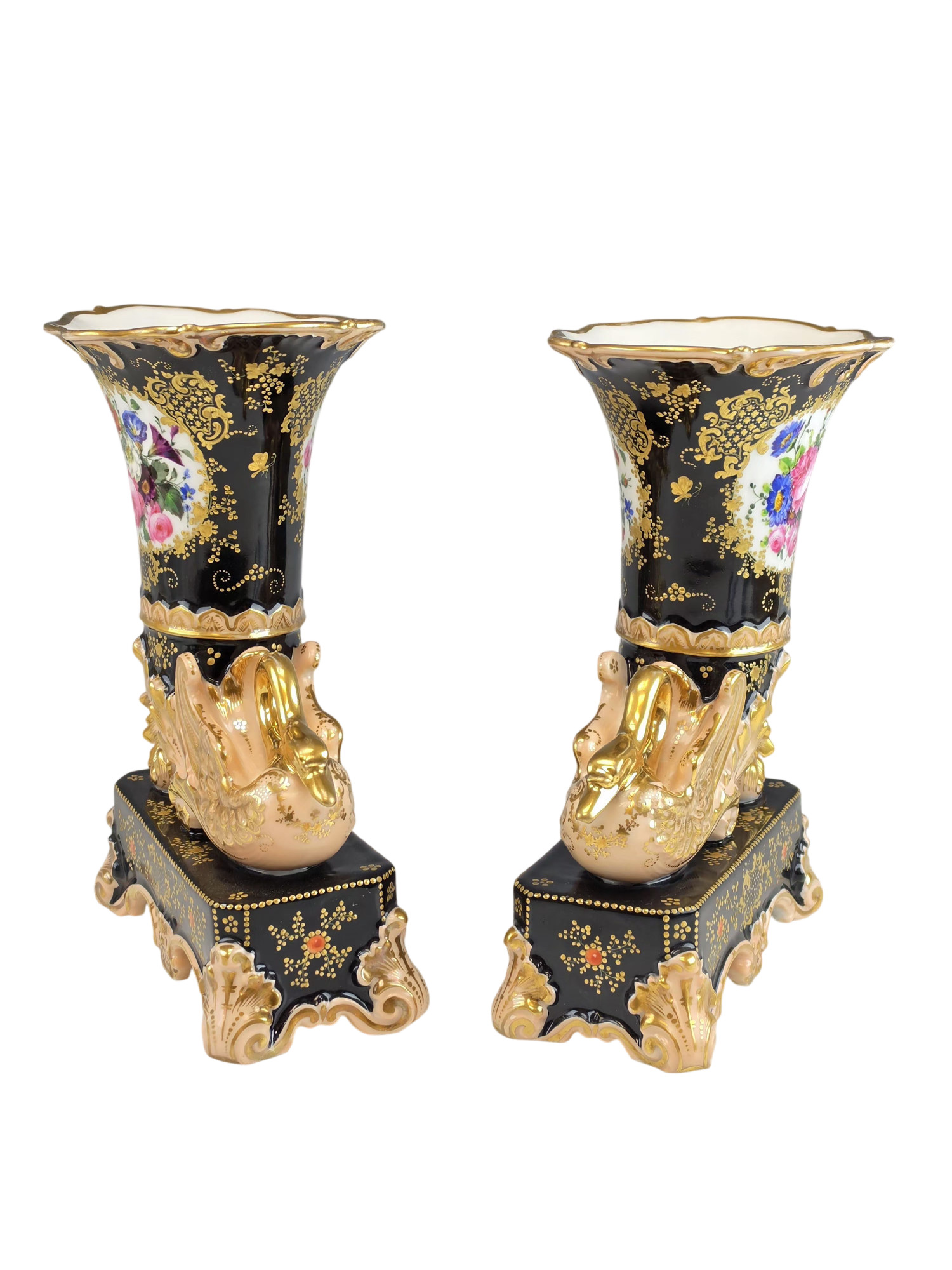 PAIR OF 19TH C FRENCH PORCELAIN SWAN VASES ATTR JACOB PETIT