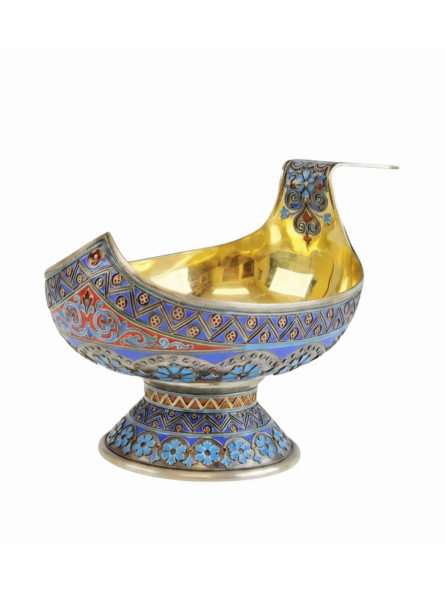 LARGE RUSSIAN SILVER GILT ENAMEL KOVSH