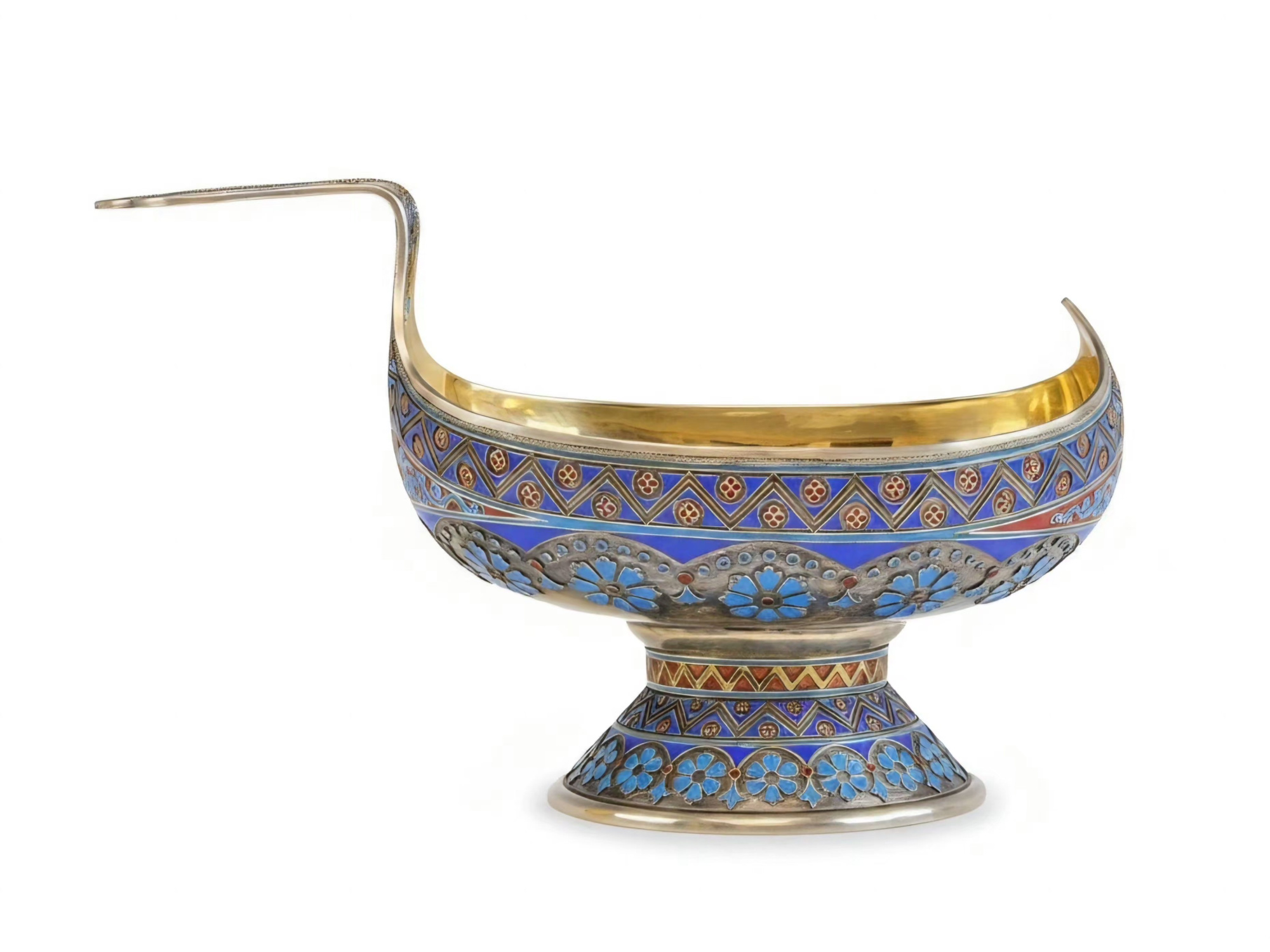 LARGE RUSSIAN SILVER GILT ENAMEL KOVSH