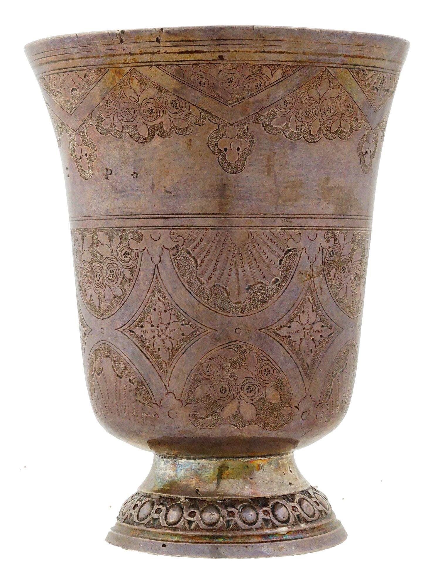 ANTIQUE 18TH C FRENCH ENGRAVED SILVER BEAKER
