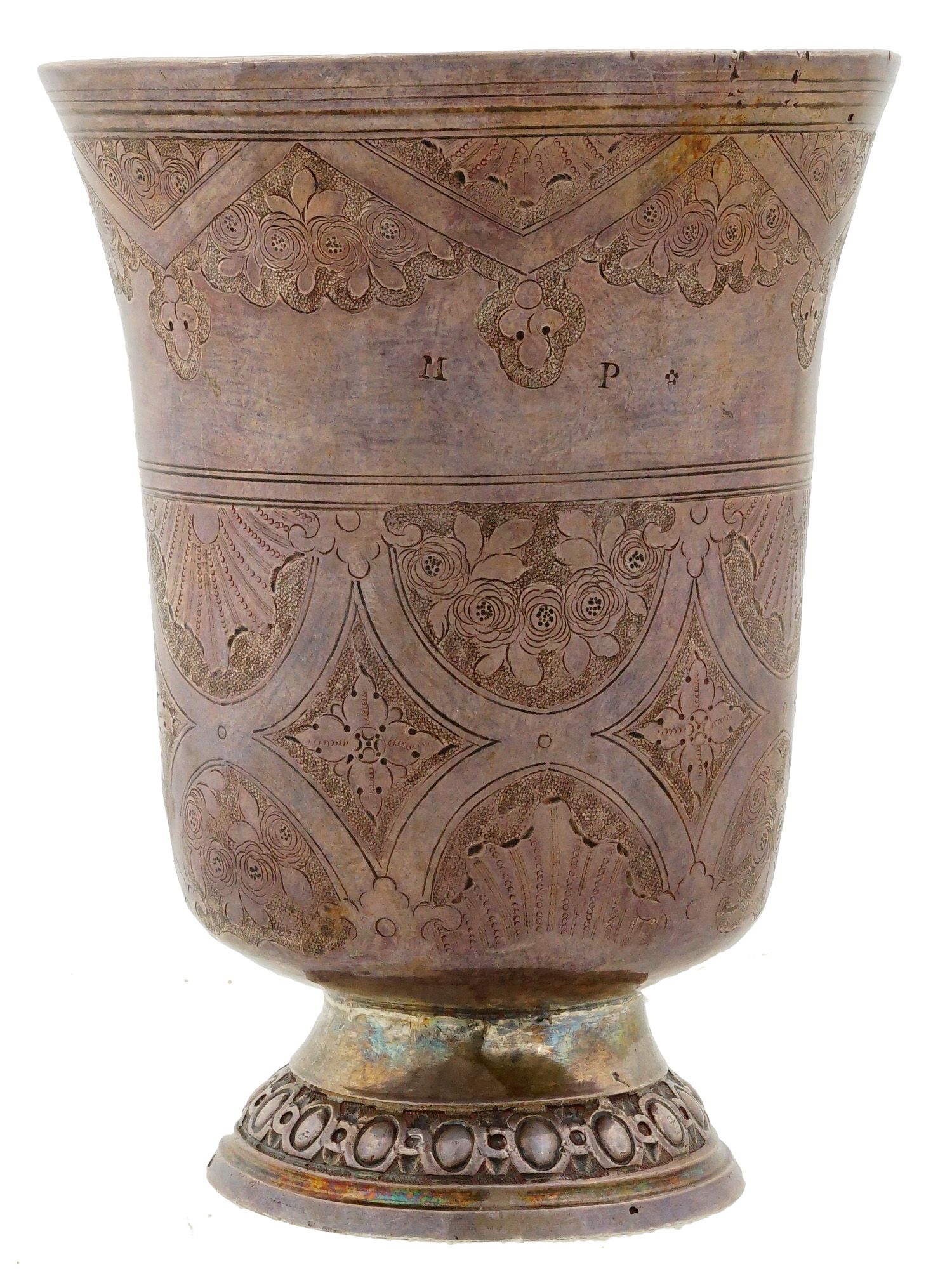 ANTIQUE 18TH C FRENCH ENGRAVED SILVER BEAKER