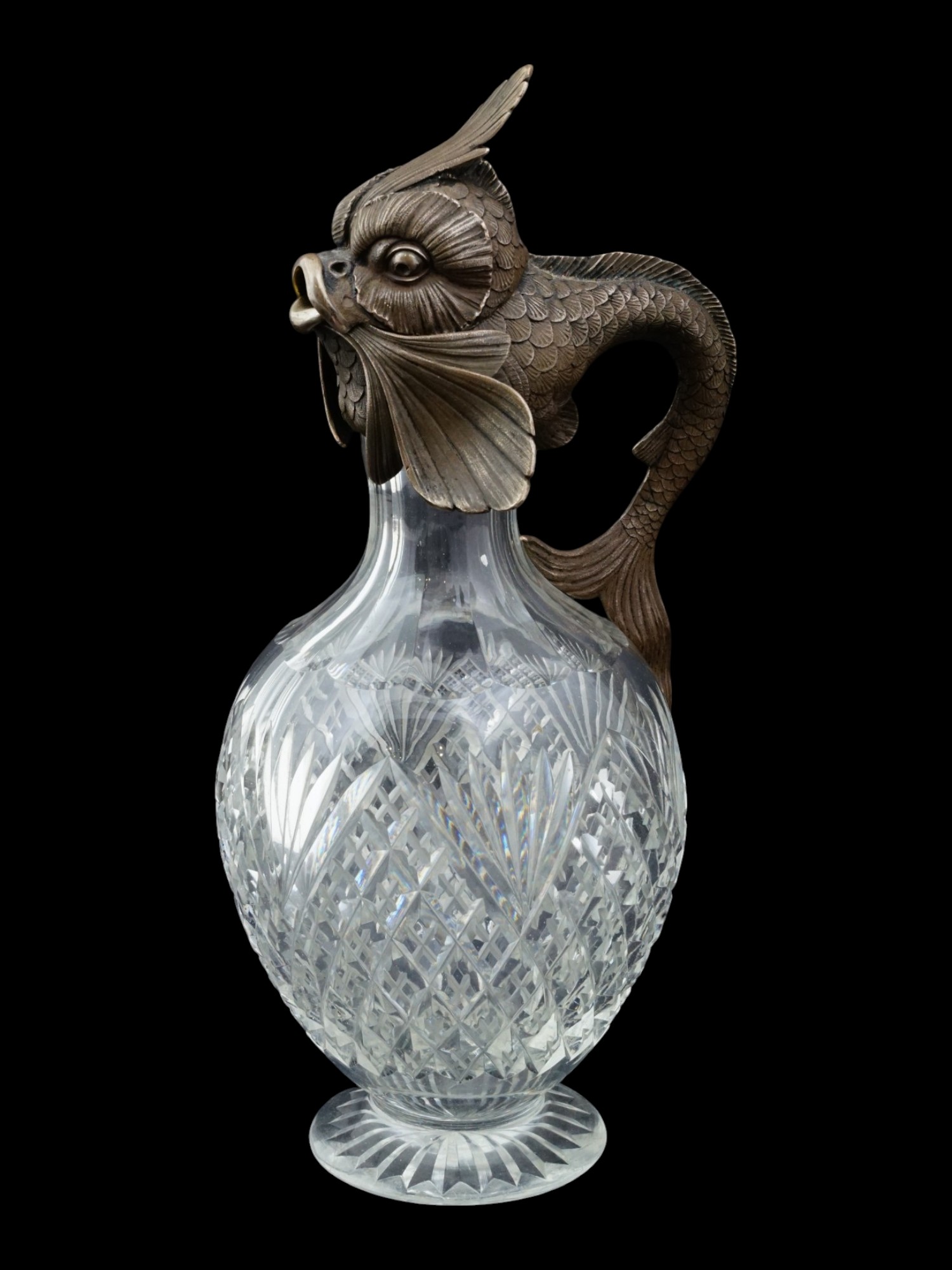ANTIQUE IMPERIAL RUSSIAN CRYSTAL AND SILVER DOLPHIN PITCHER