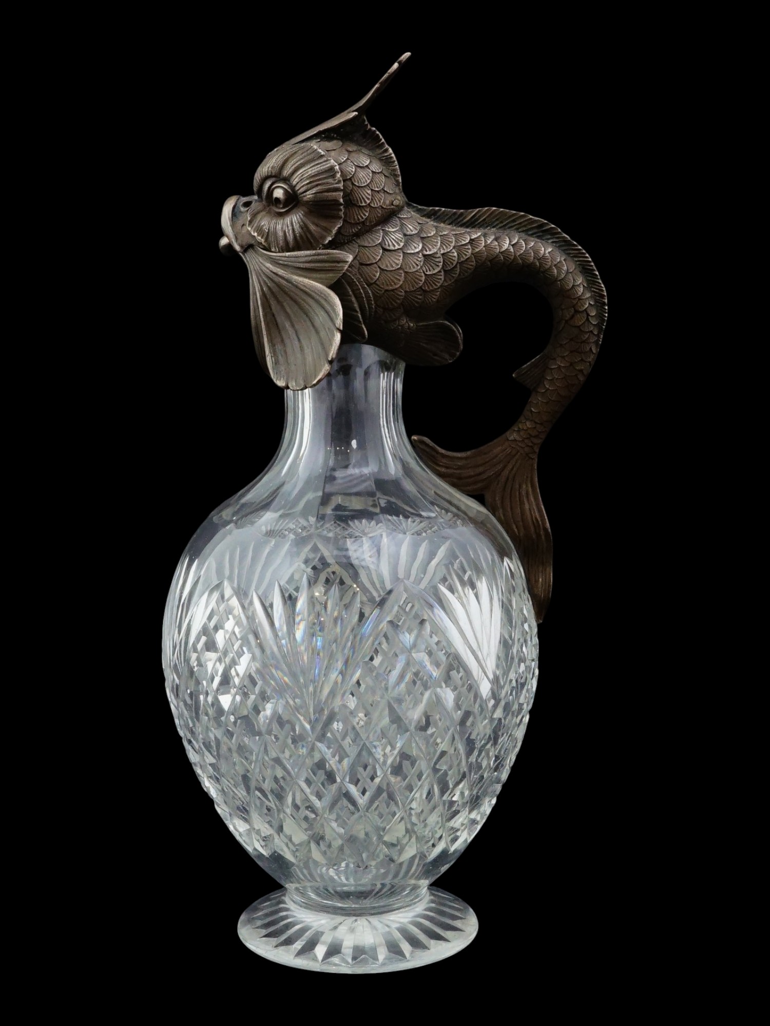 ANTIQUE IMPERIAL RUSSIAN CRYSTAL AND SILVER DOLPHIN PITCHER