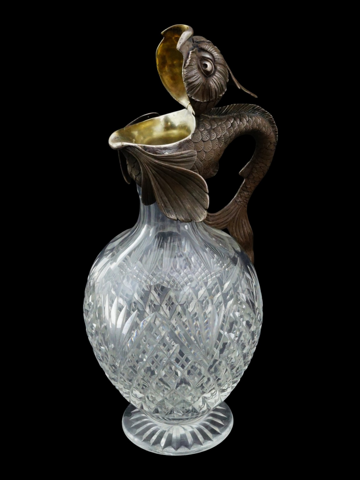 ANTIQUE IMPERIAL RUSSIAN CRYSTAL AND SILVER DOLPHIN PITCHER