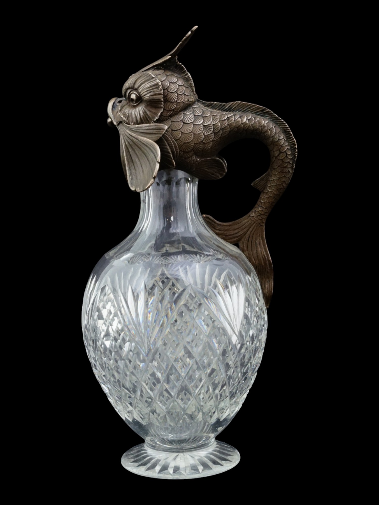 ANTIQUE IMPERIAL RUSSIAN CRYSTAL AND SILVER DOLPHIN PITCHER