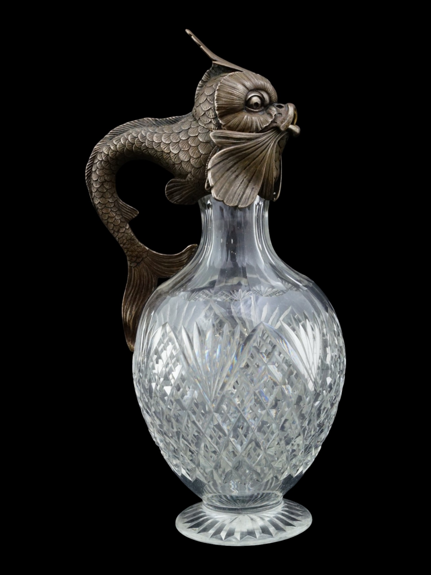 ANTIQUE IMPERIAL RUSSIAN CRYSTAL AND SILVER DOLPHIN PITCHER
