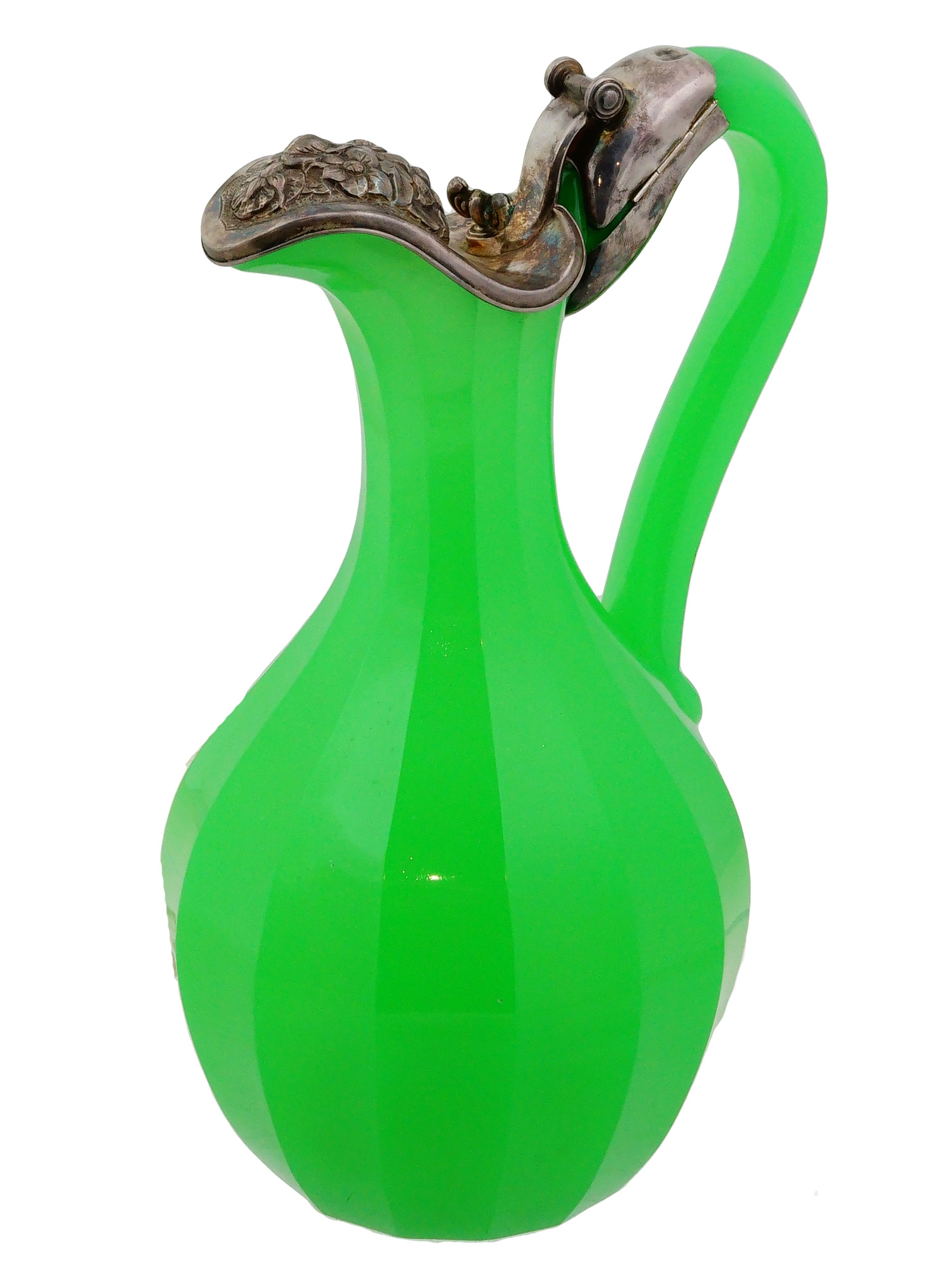 ANTIQUE CONTINENTAL SILVER MOUNT GREEN OPAQUE GLASS PITCHER