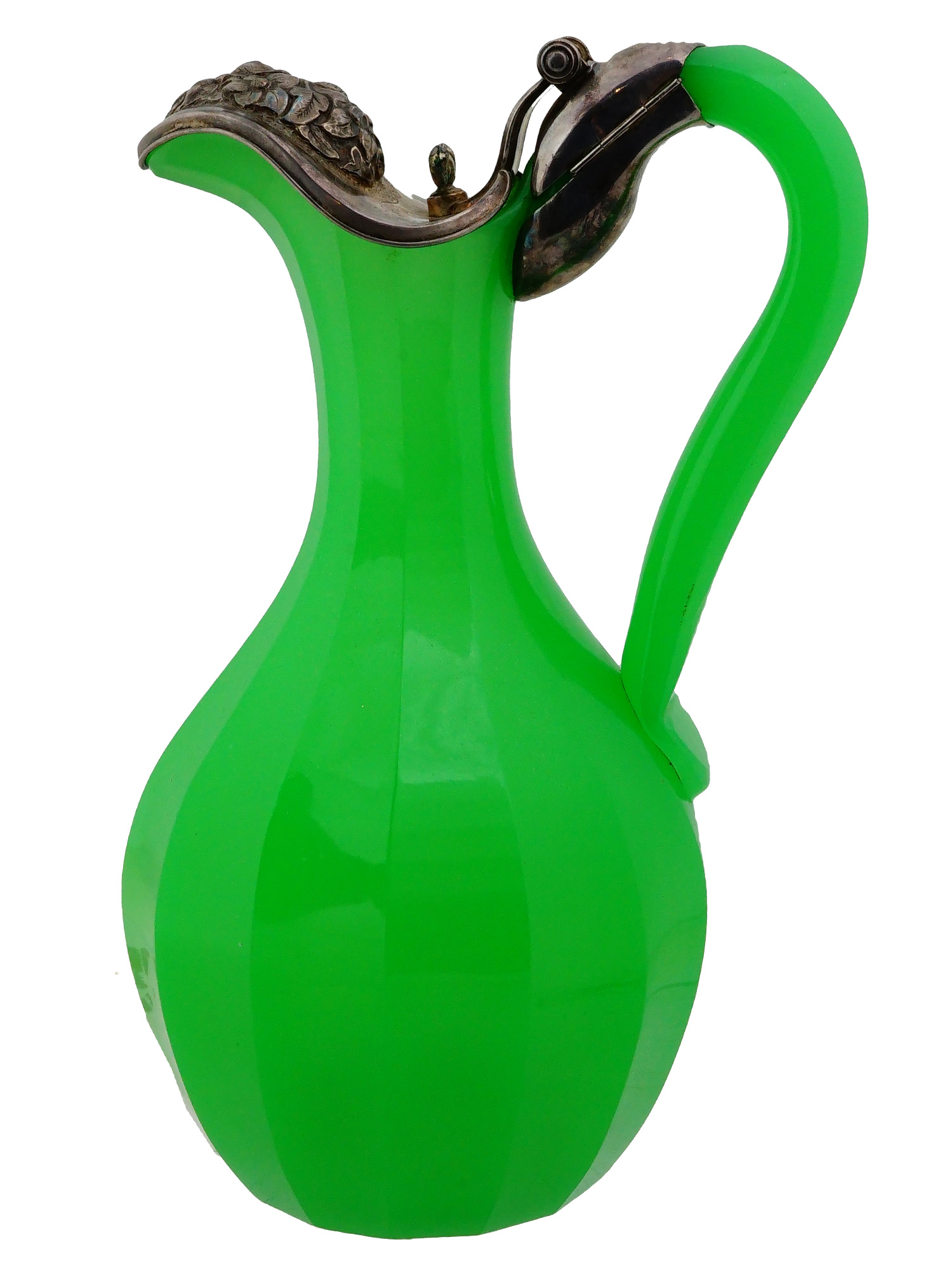 ANTIQUE CONTINENTAL SILVER MOUNT GREEN OPAQUE GLASS PITCHER