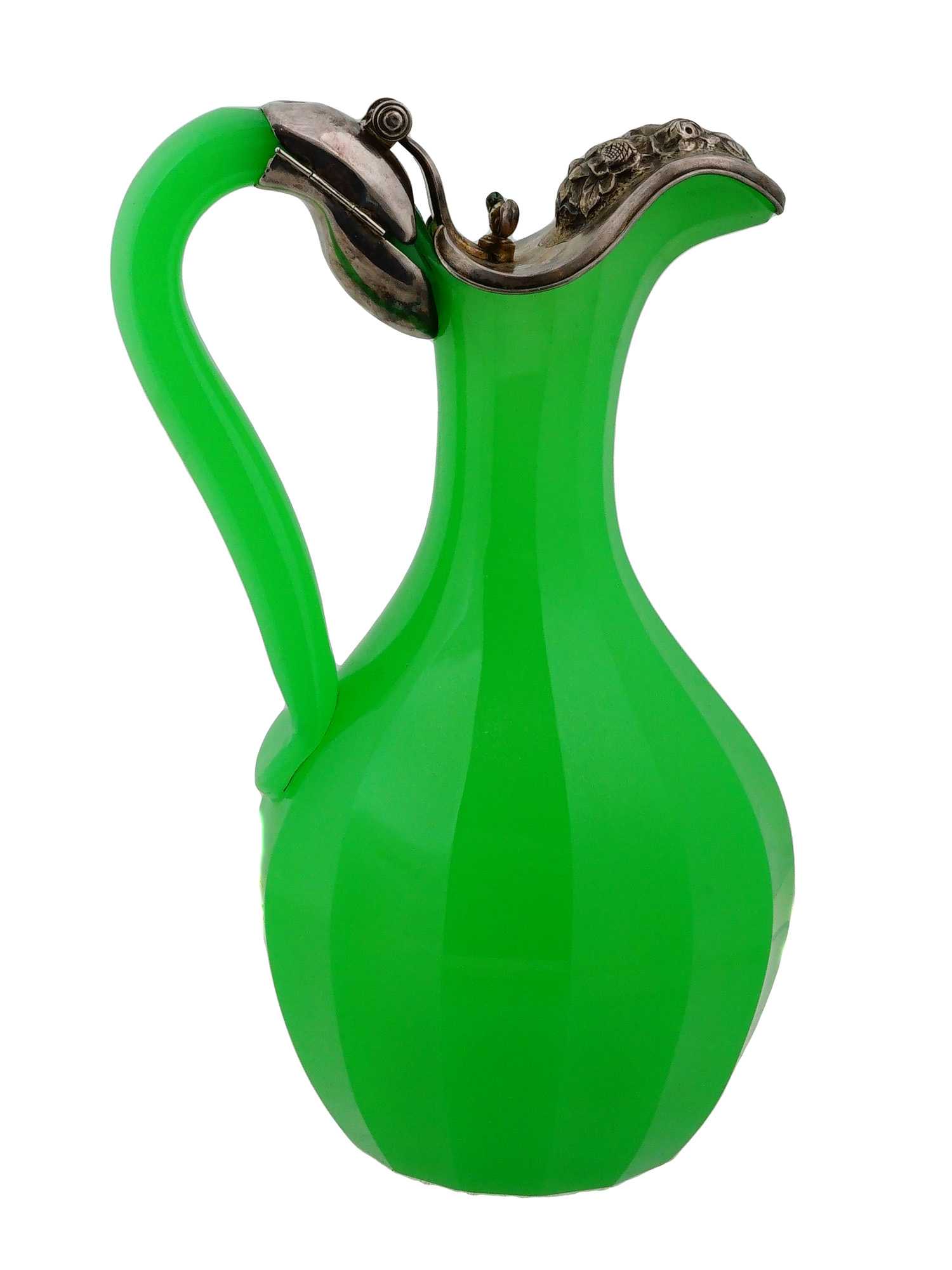 ANTIQUE CONTINENTAL SILVER MOUNT GREEN OPAQUE GLASS PITCHER