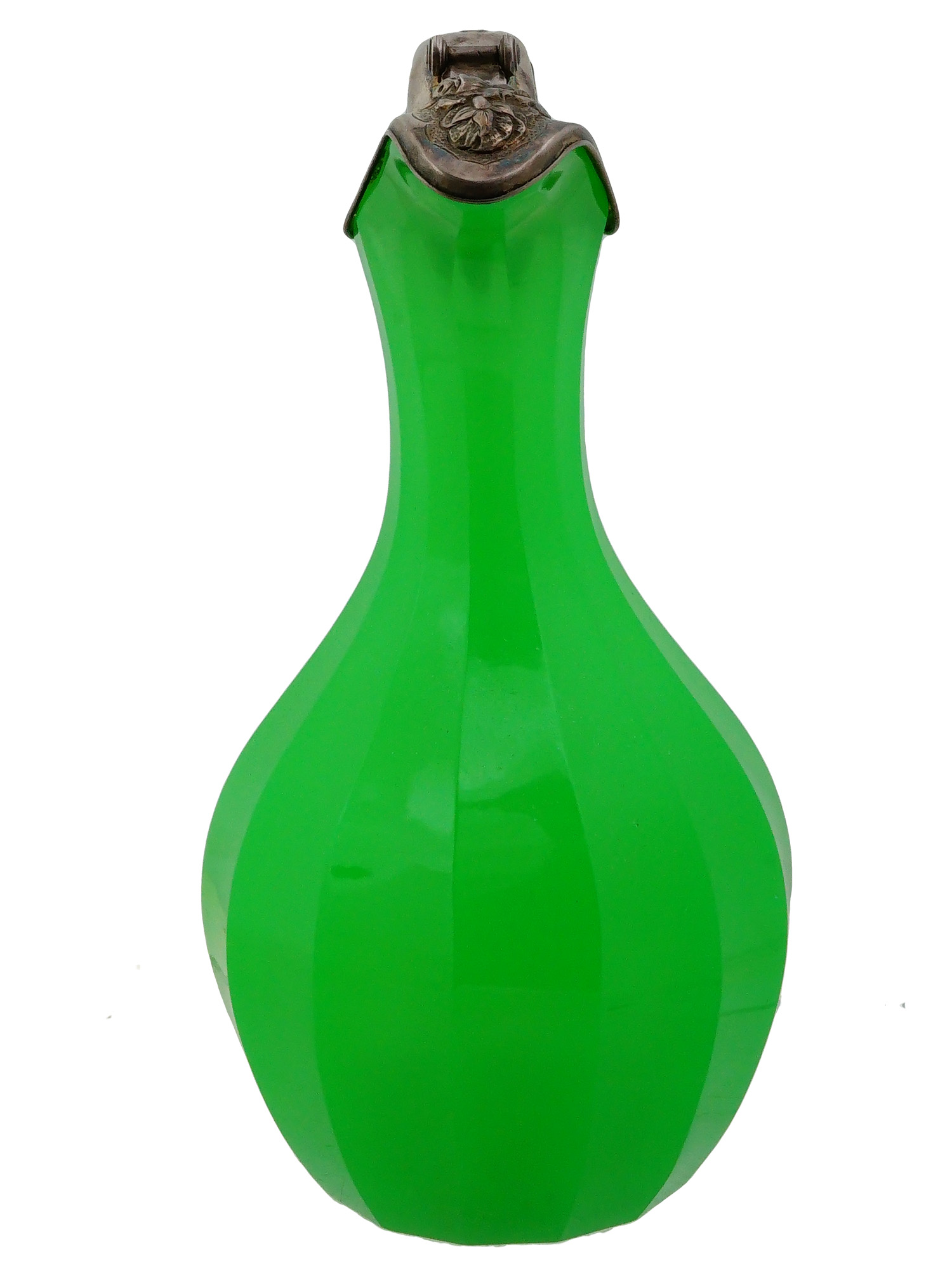 ANTIQUE CONTINENTAL SILVER MOUNT GREEN OPAQUE GLASS PITCHER