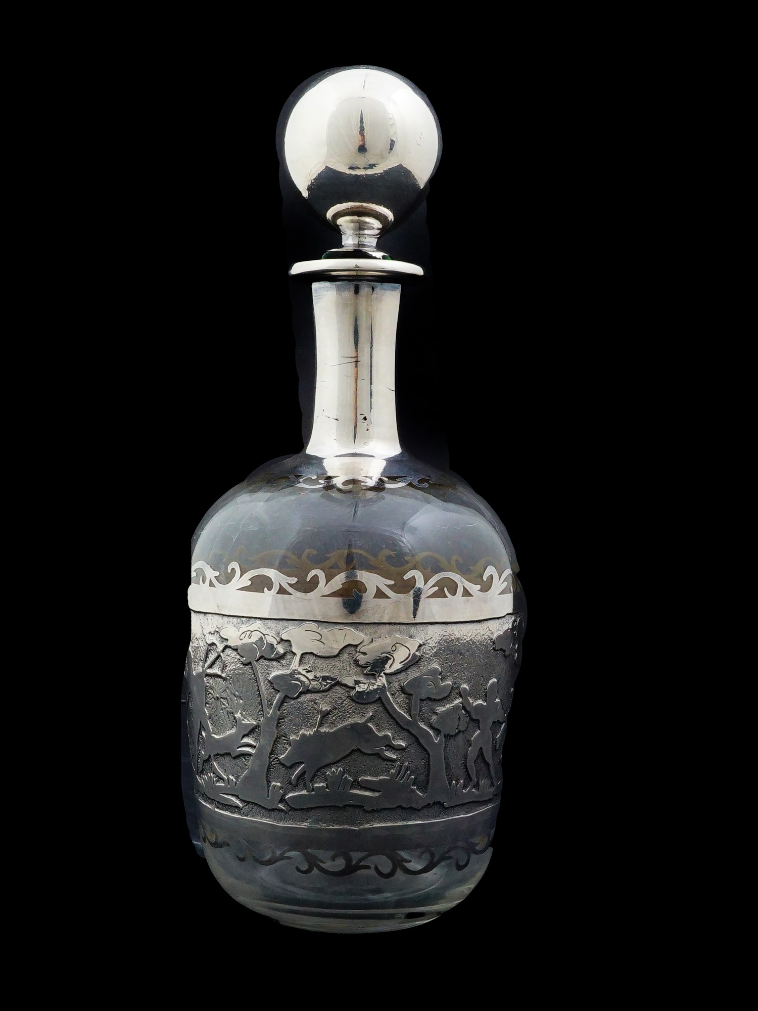 ANTIQUE SILVER OVERLAY AND CRYSTAL DECANTER