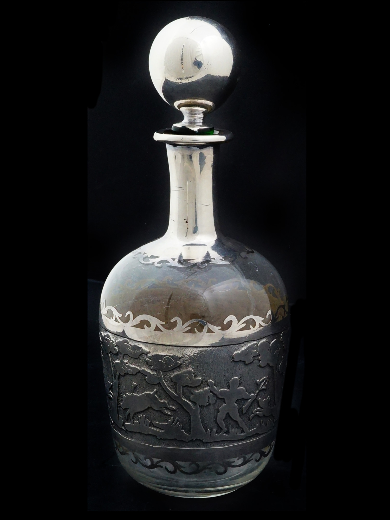 ANTIQUE SILVER OVERLAY AND CRYSTAL DECANTER