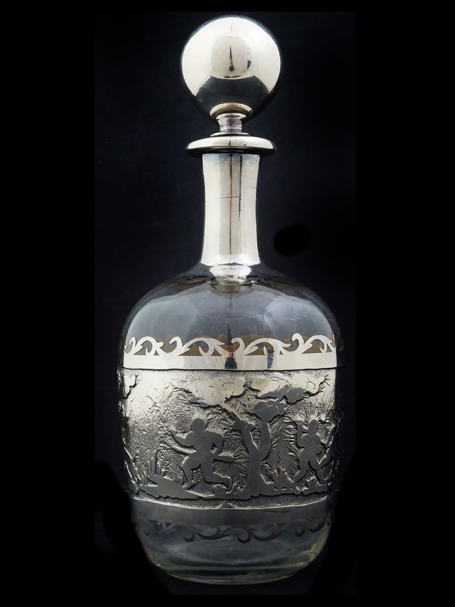 ANTIQUE SILVER OVERLAY AND CRYSTAL DECANTER