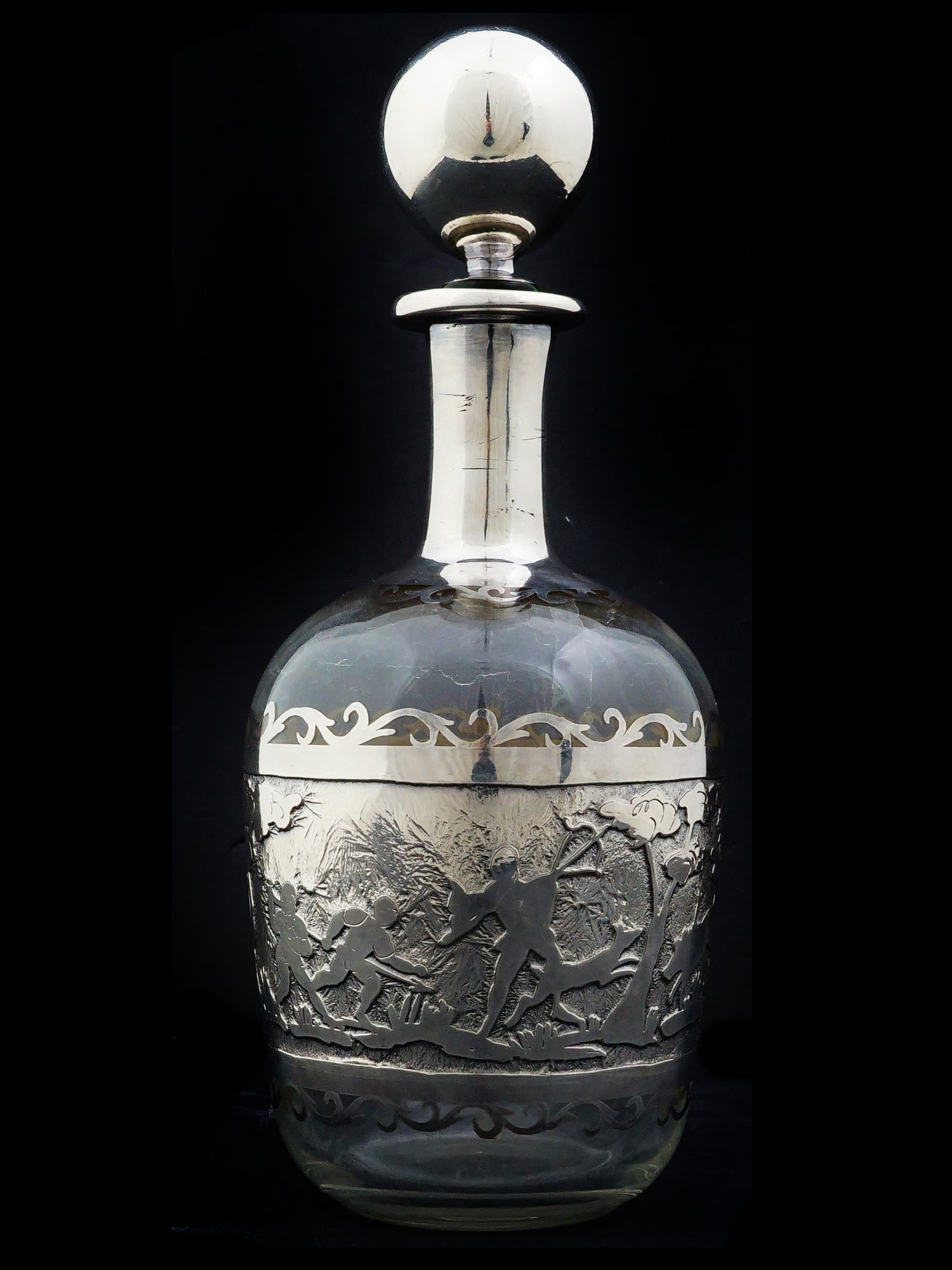 ANTIQUE SILVER OVERLAY AND CRYSTAL DECANTER