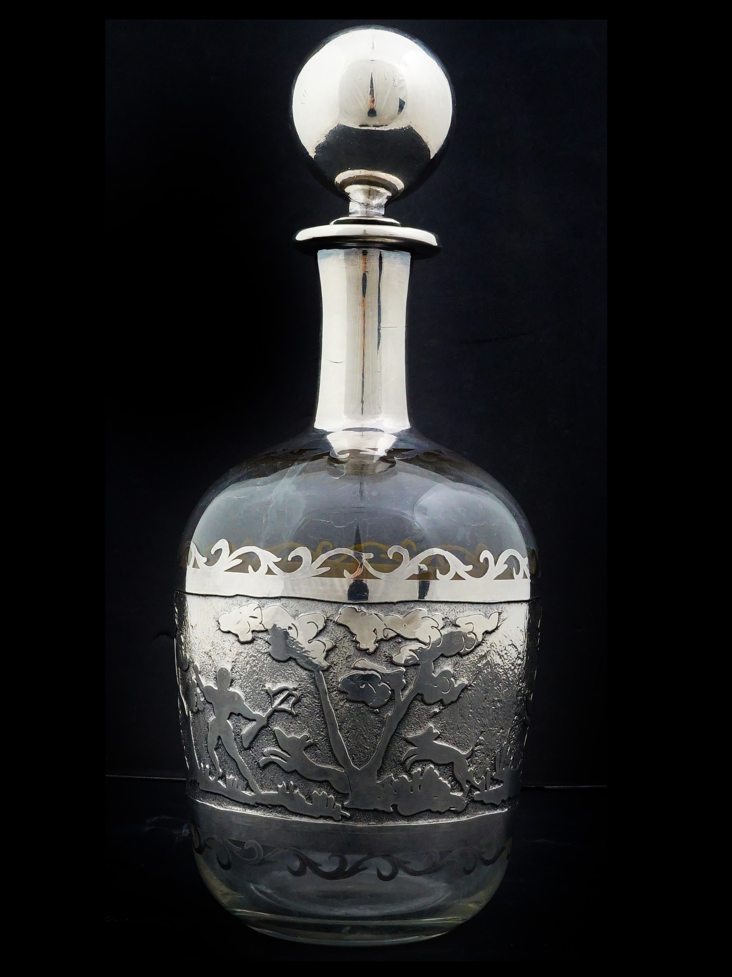 ANTIQUE SILVER OVERLAY AND CRYSTAL DECANTER