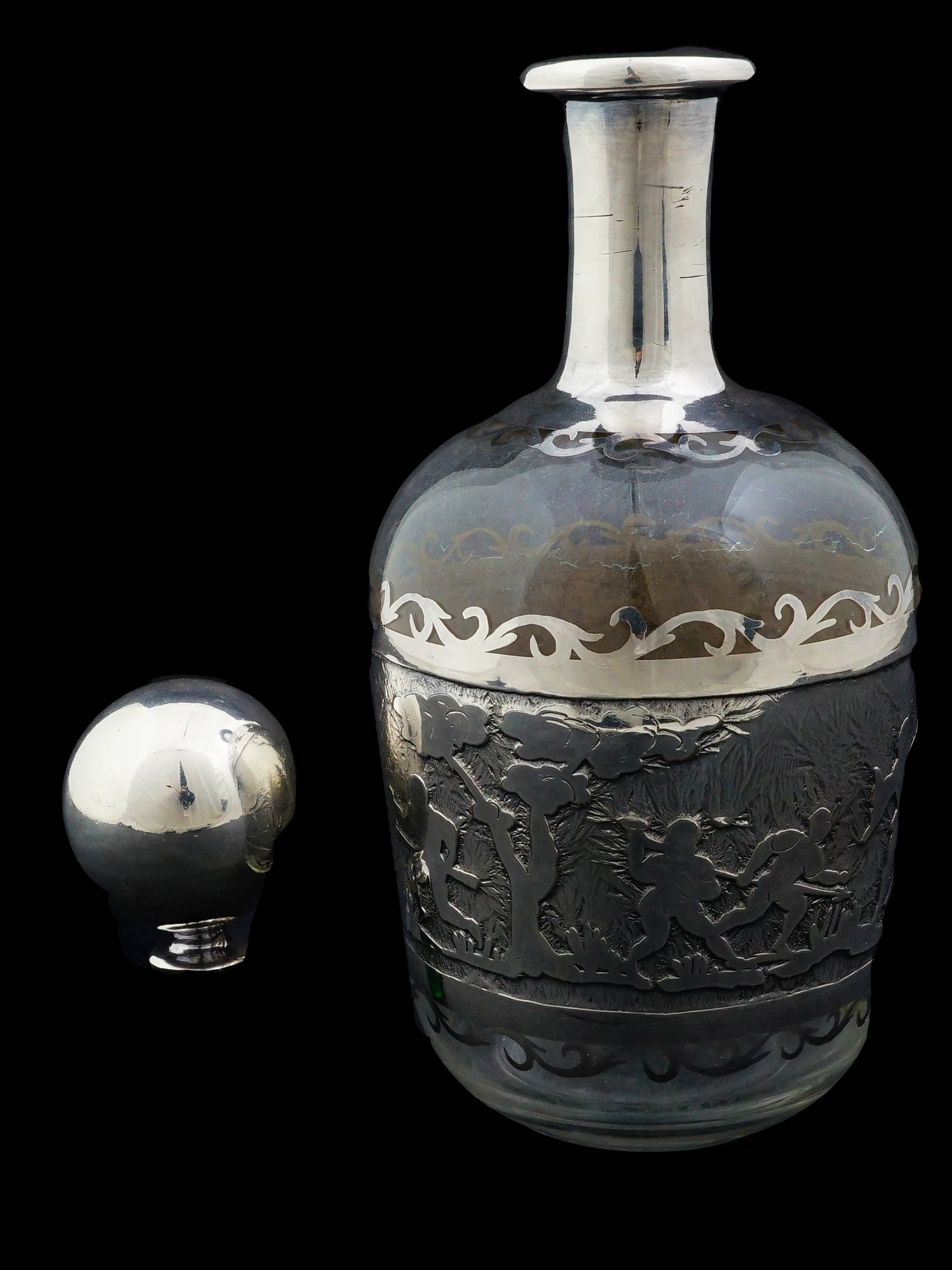 ANTIQUE SILVER OVERLAY AND CRYSTAL DECANTER