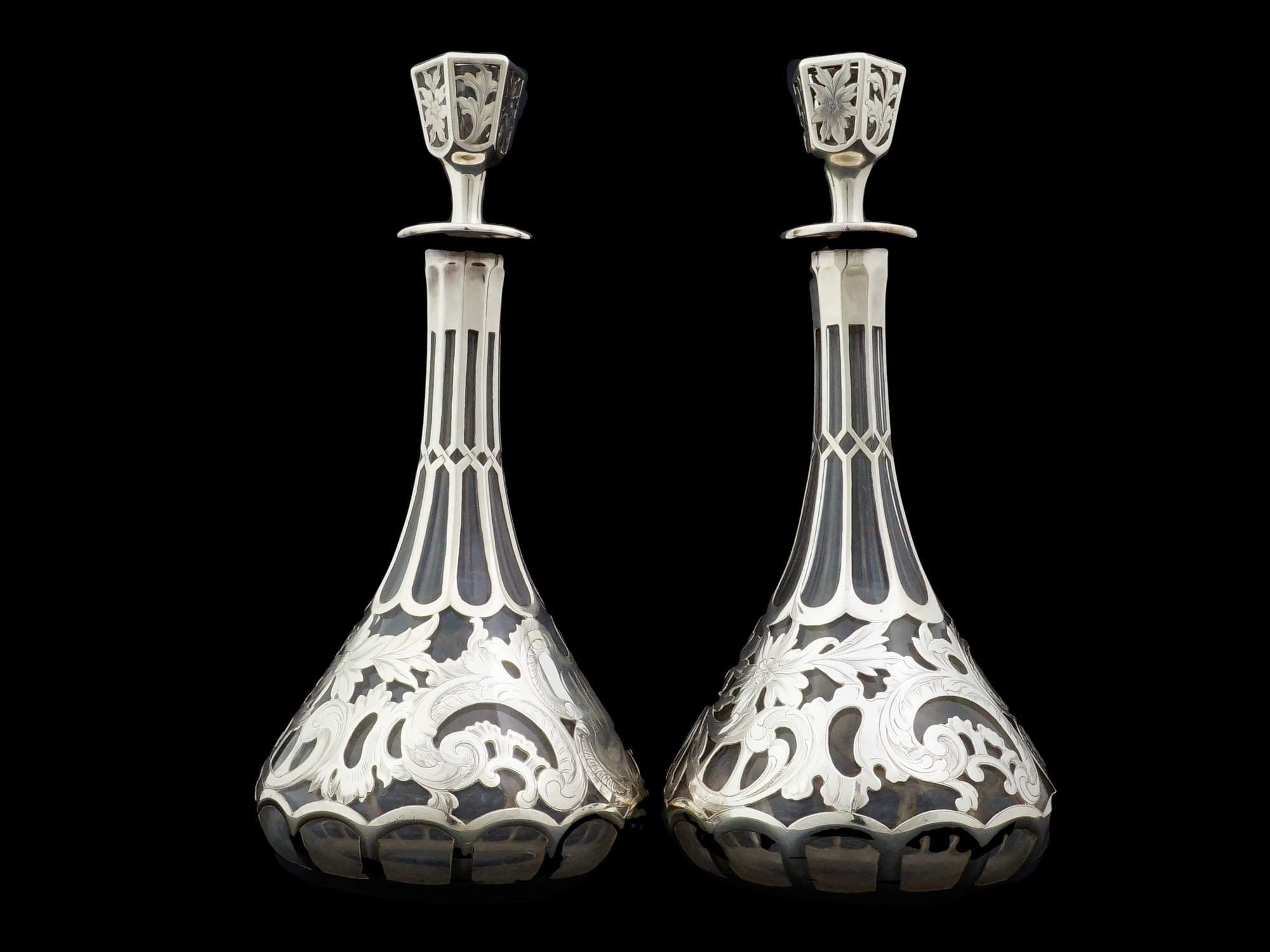 PAIR OF GORHAM STERLING SILVER OVERLAY GLASS DECANTERS
