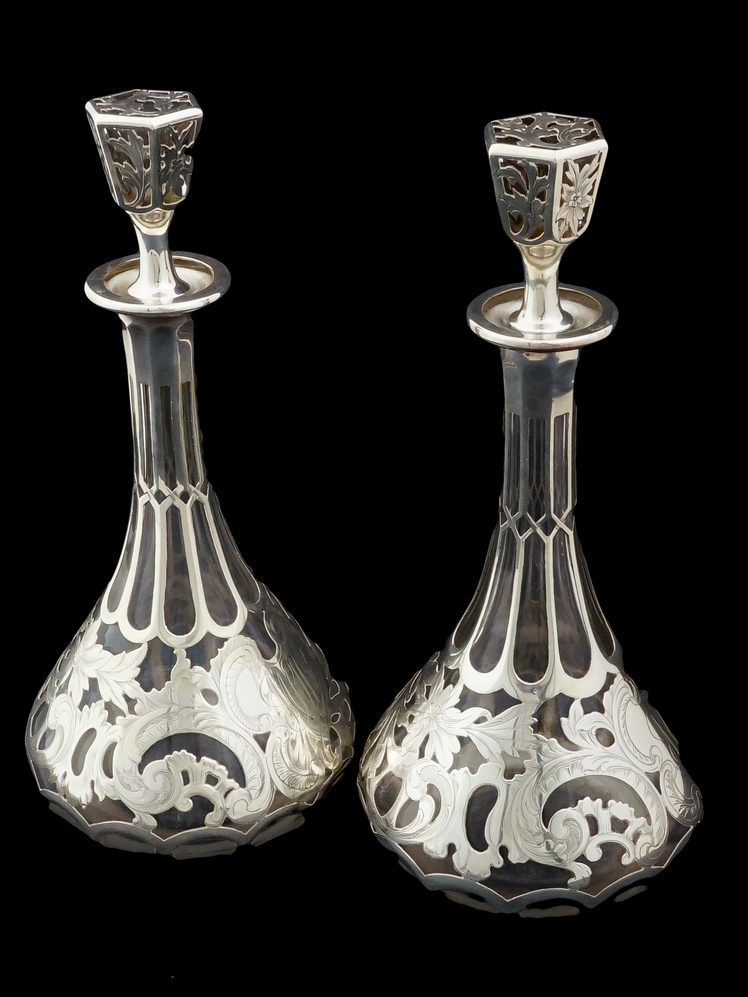 PAIR OF GORHAM STERLING SILVER OVERLAY GLASS DECANTERS
