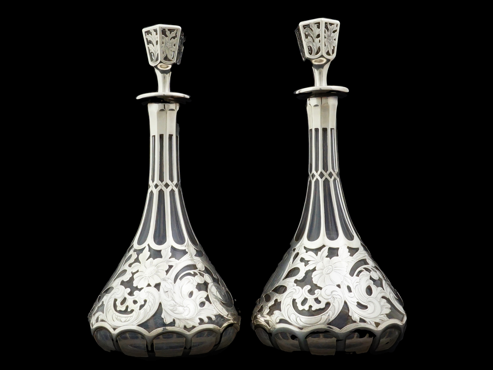 PAIR OF GORHAM STERLING SILVER OVERLAY GLASS DECANTERS