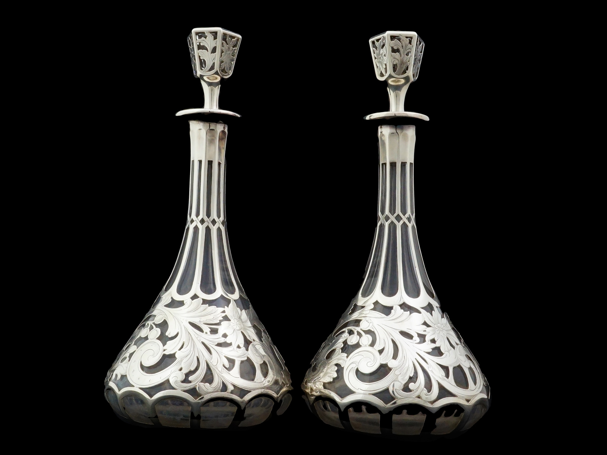 PAIR OF GORHAM STERLING SILVER OVERLAY GLASS DECANTERS