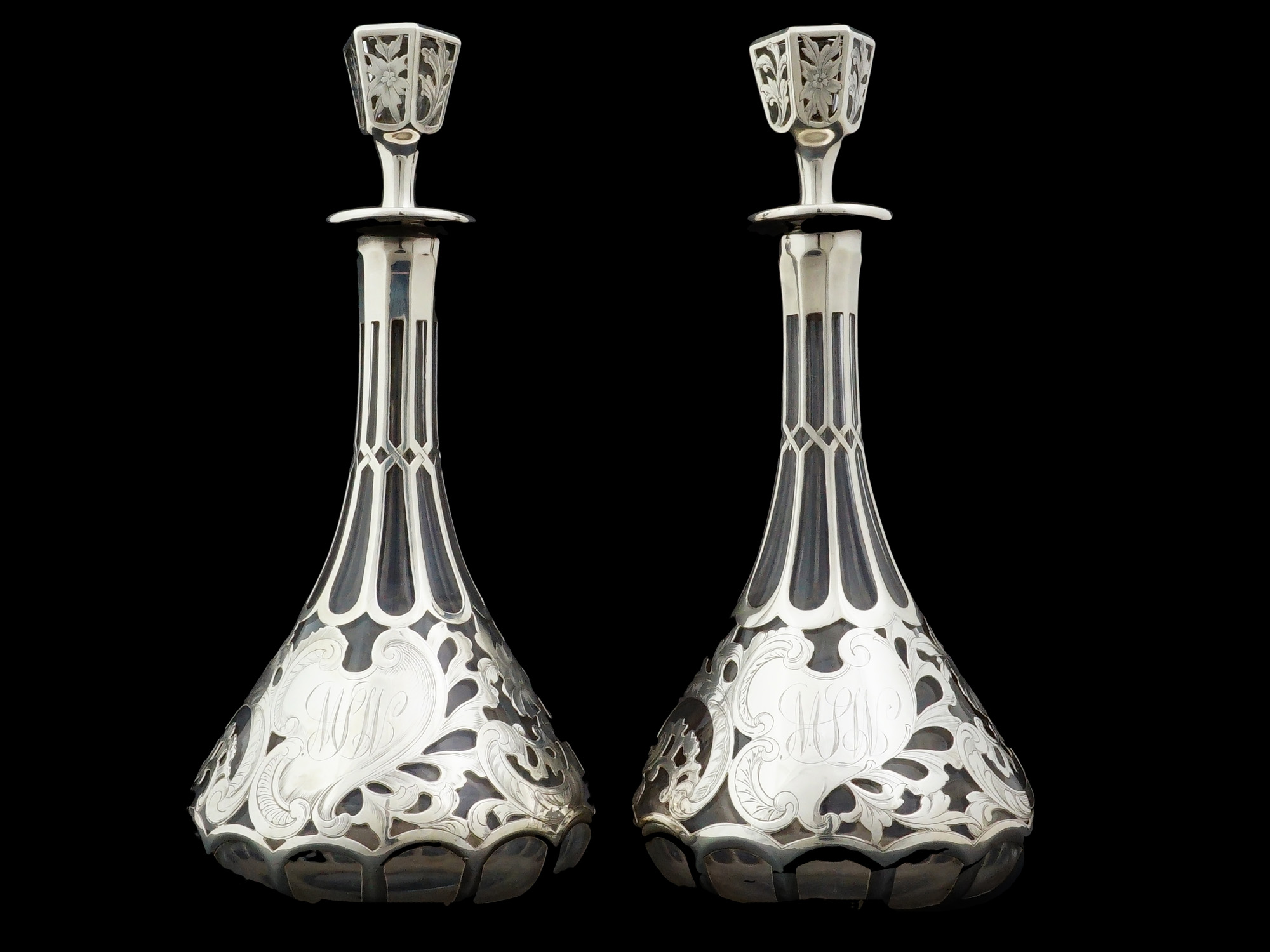 PAIR OF GORHAM STERLING SILVER OVERLAY GLASS DECANTERS