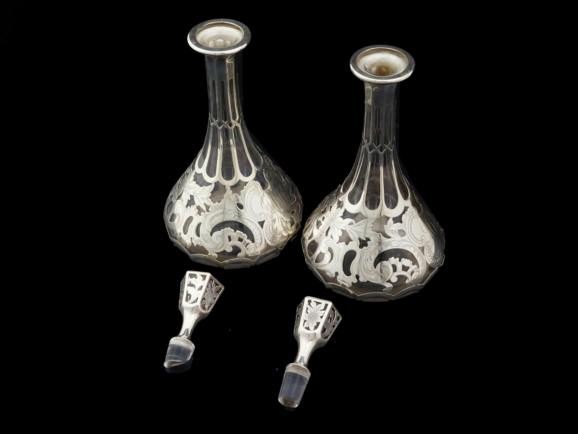 PAIR OF GORHAM STERLING SILVER OVERLAY GLASS DECANTERS