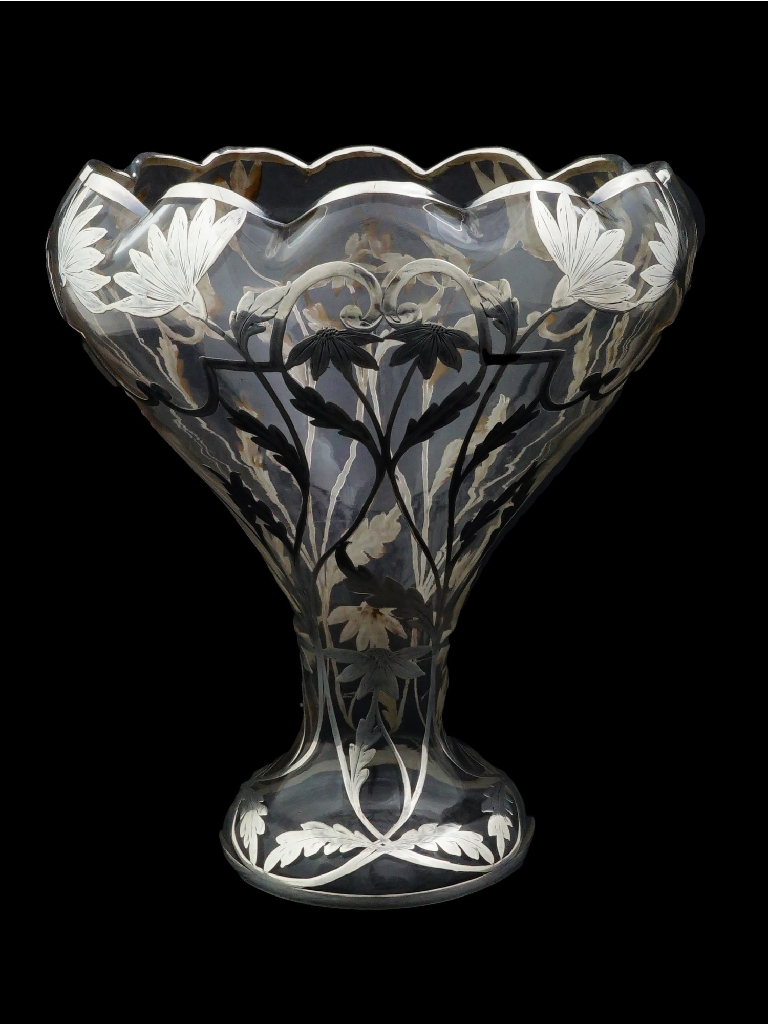 ART NOUVEAU SILVER OVERLAY AND CRYSTAL CENTERPIECE