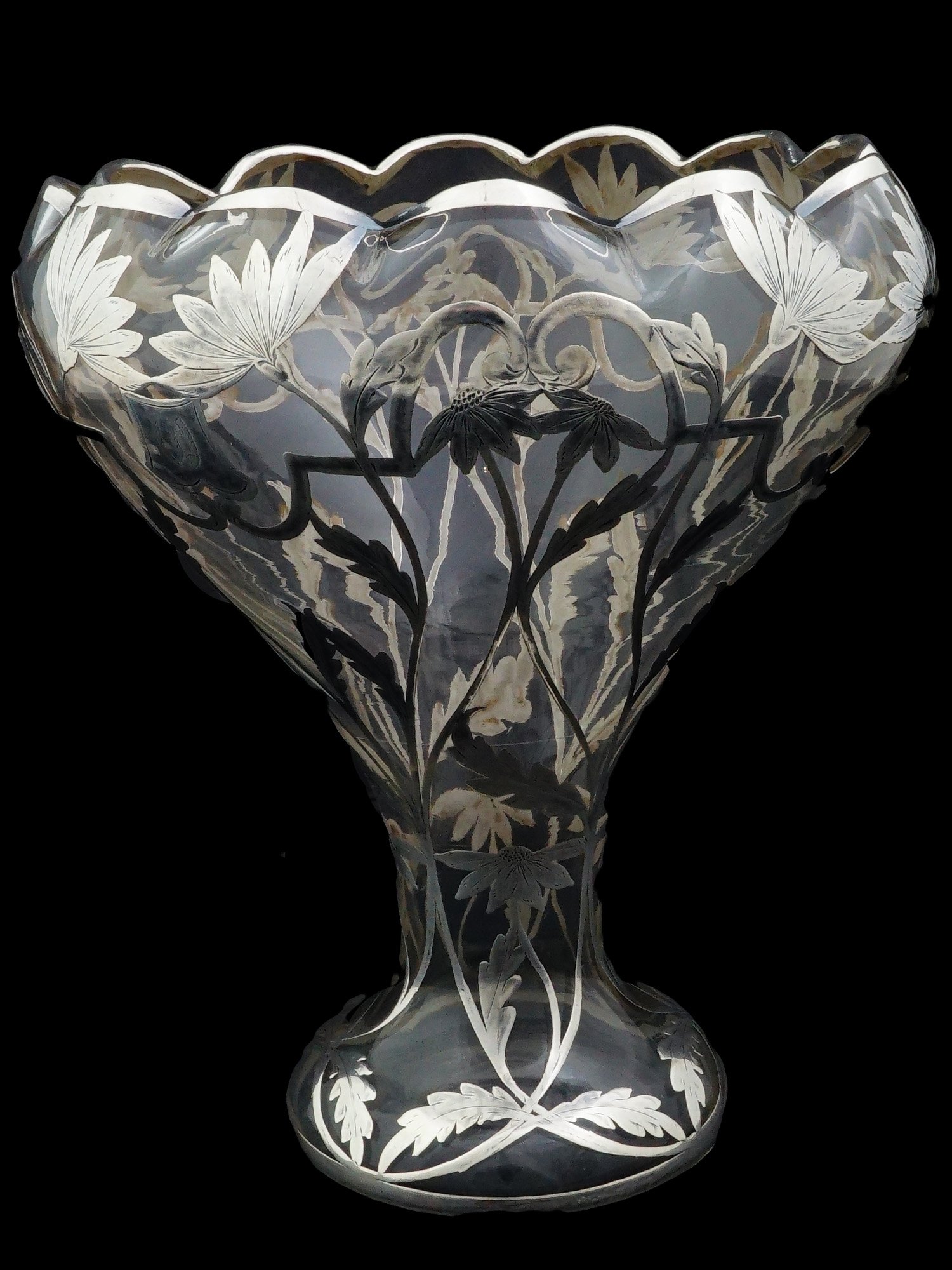 ART NOUVEAU SILVER OVERLAY AND CRYSTAL CENTERPIECE