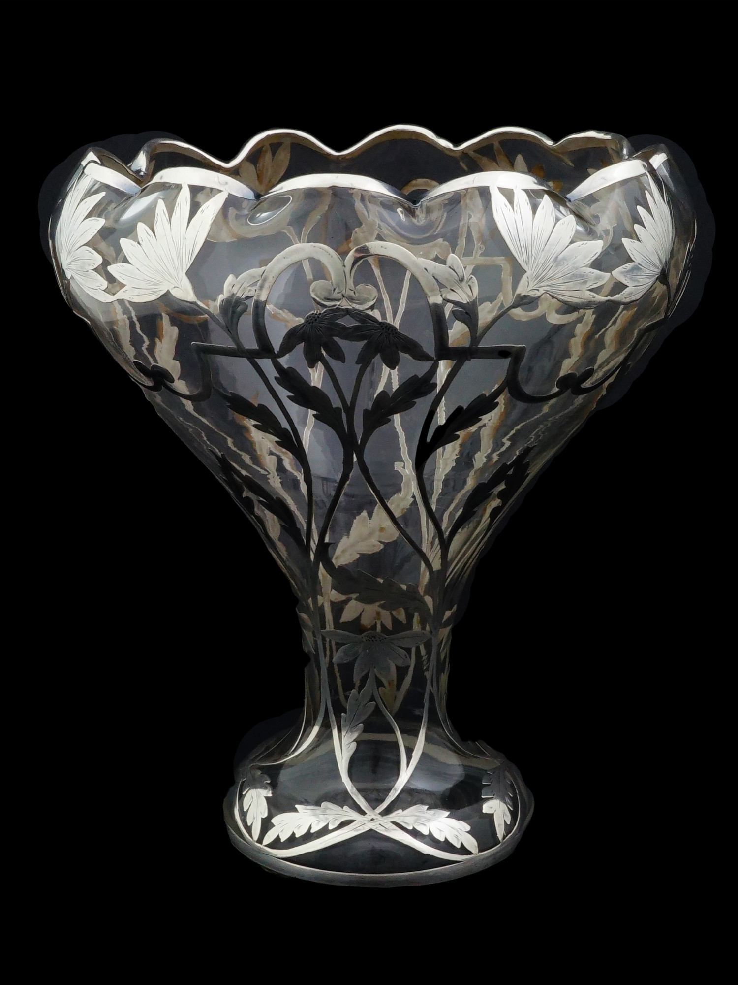ART NOUVEAU SILVER OVERLAY AND CRYSTAL CENTERPIECE