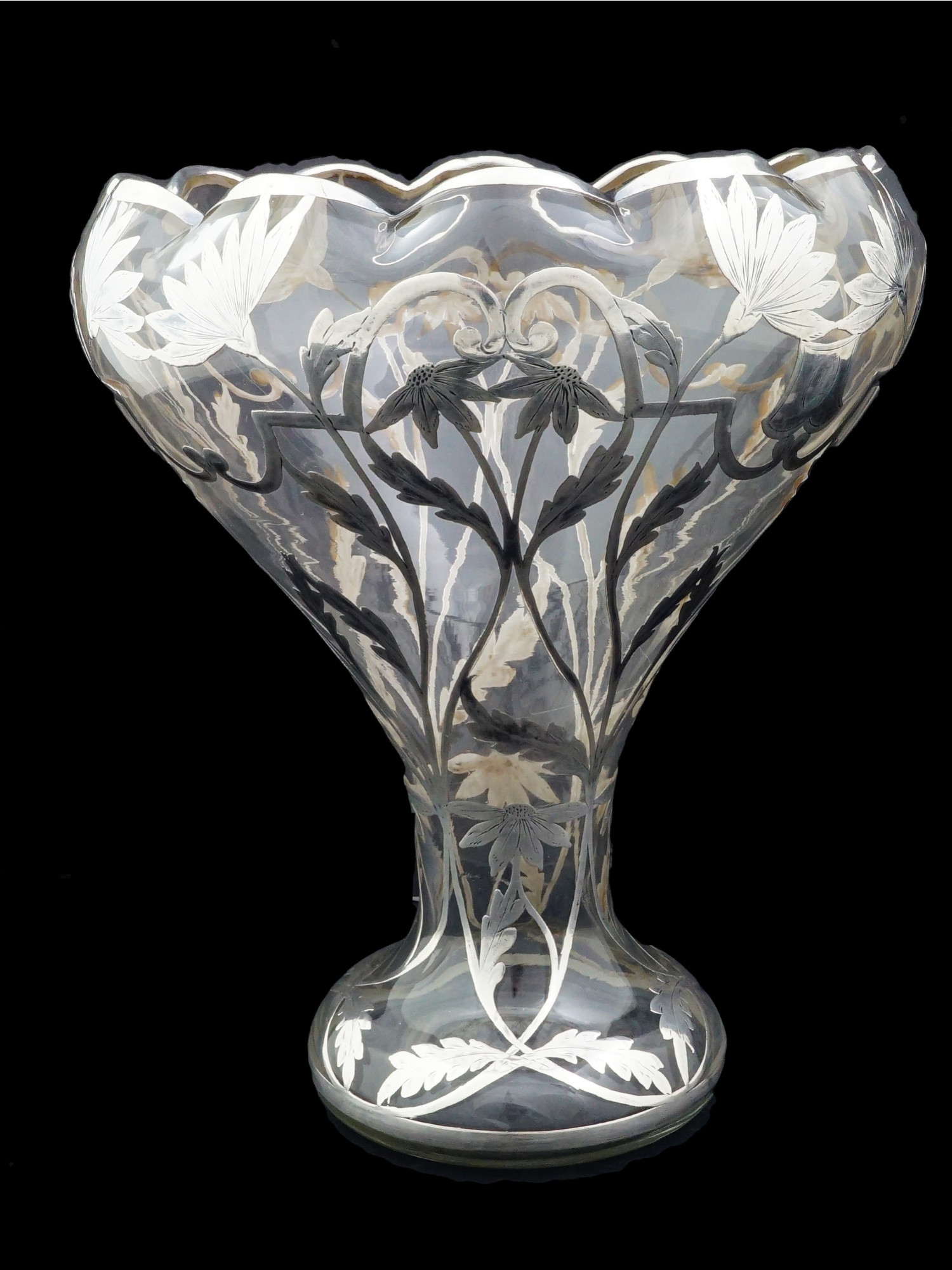 ART NOUVEAU SILVER OVERLAY AND CRYSTAL CENTERPIECE