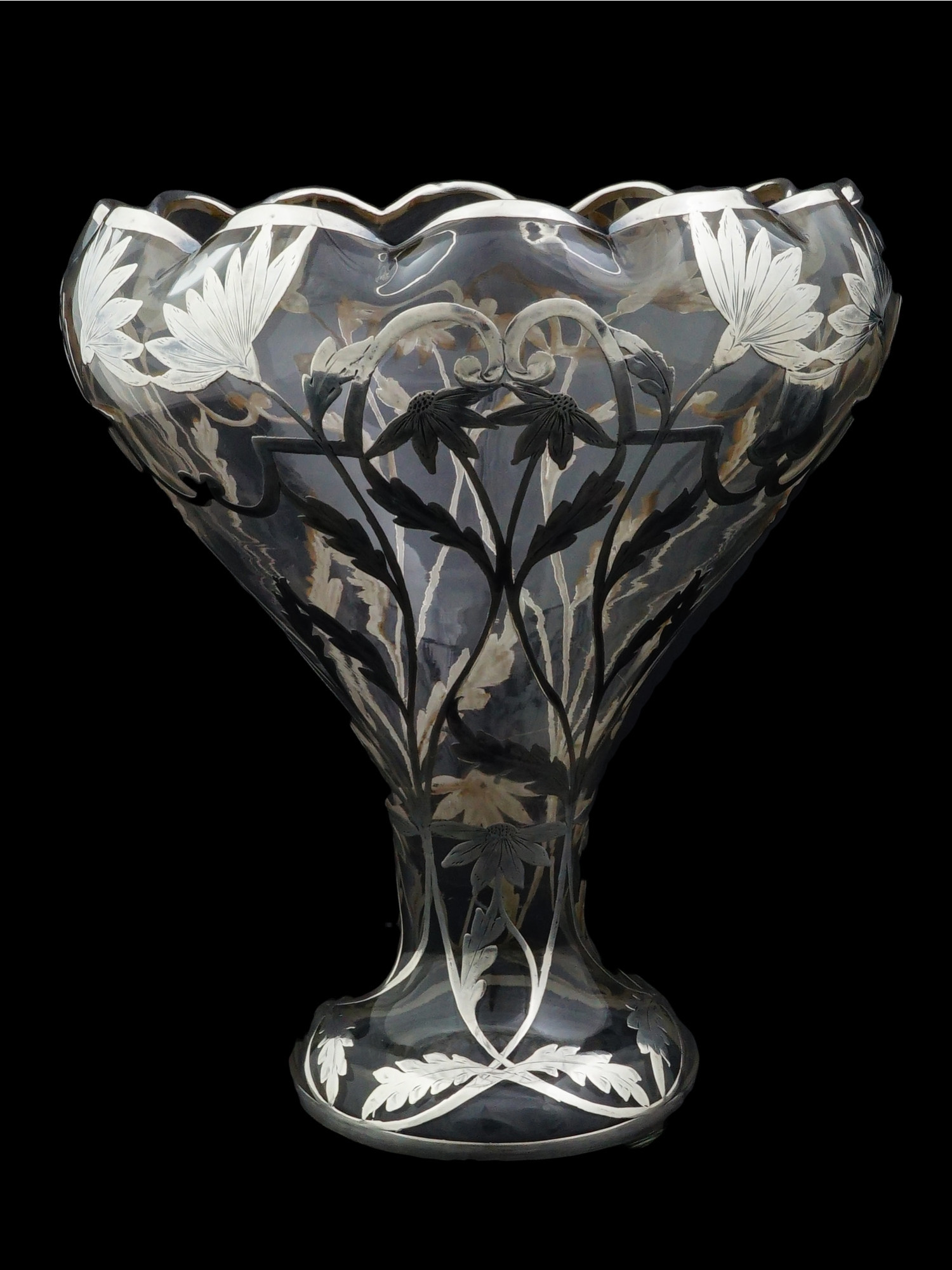 ART NOUVEAU SILVER OVERLAY AND CRYSTAL CENTERPIECE