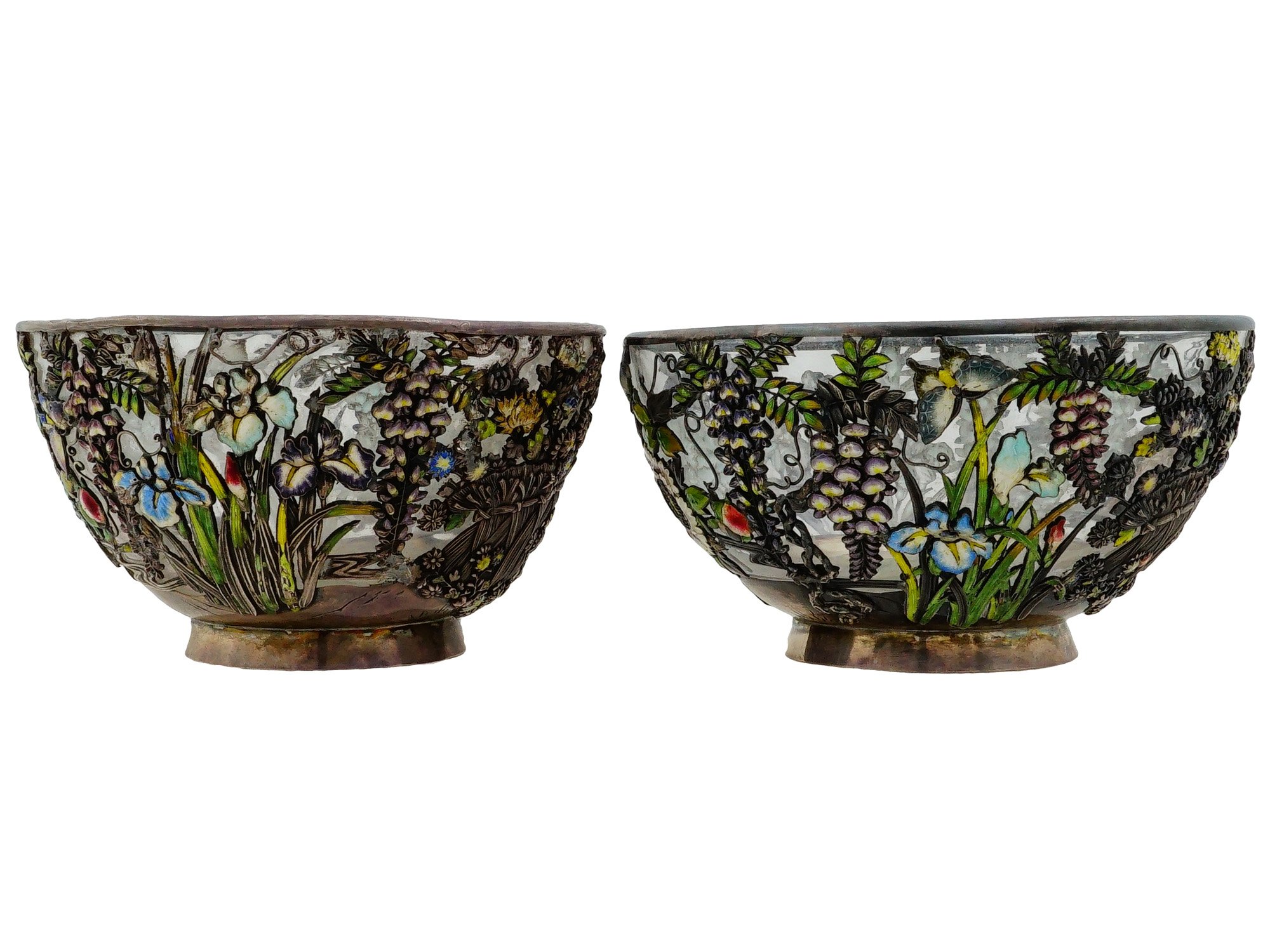 JAPANESE SILVER ENAMEL FLORAL BOWLS PAIR MITSUYUKI HISAYUKI
