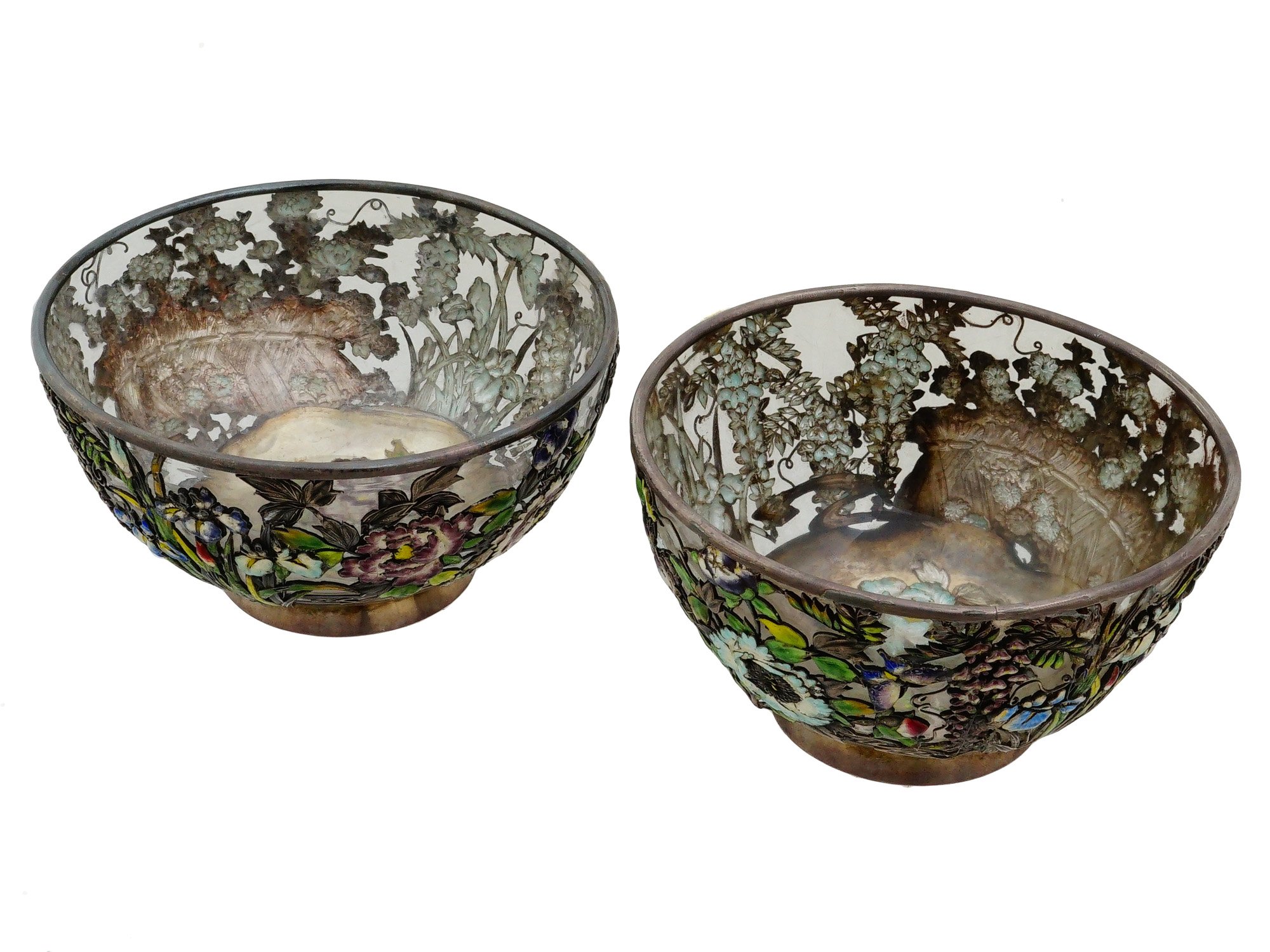 JAPANESE SILVER ENAMEL FLORAL BOWLS PAIR MITSUYUKI HISAYUKI