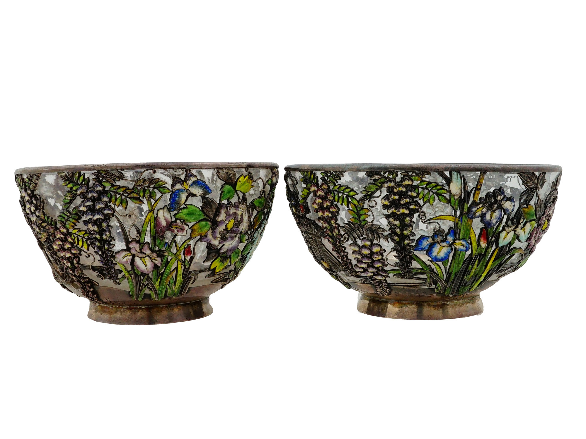 JAPANESE SILVER ENAMEL FLORAL BOWLS PAIR MITSUYUKI HISAYUKI