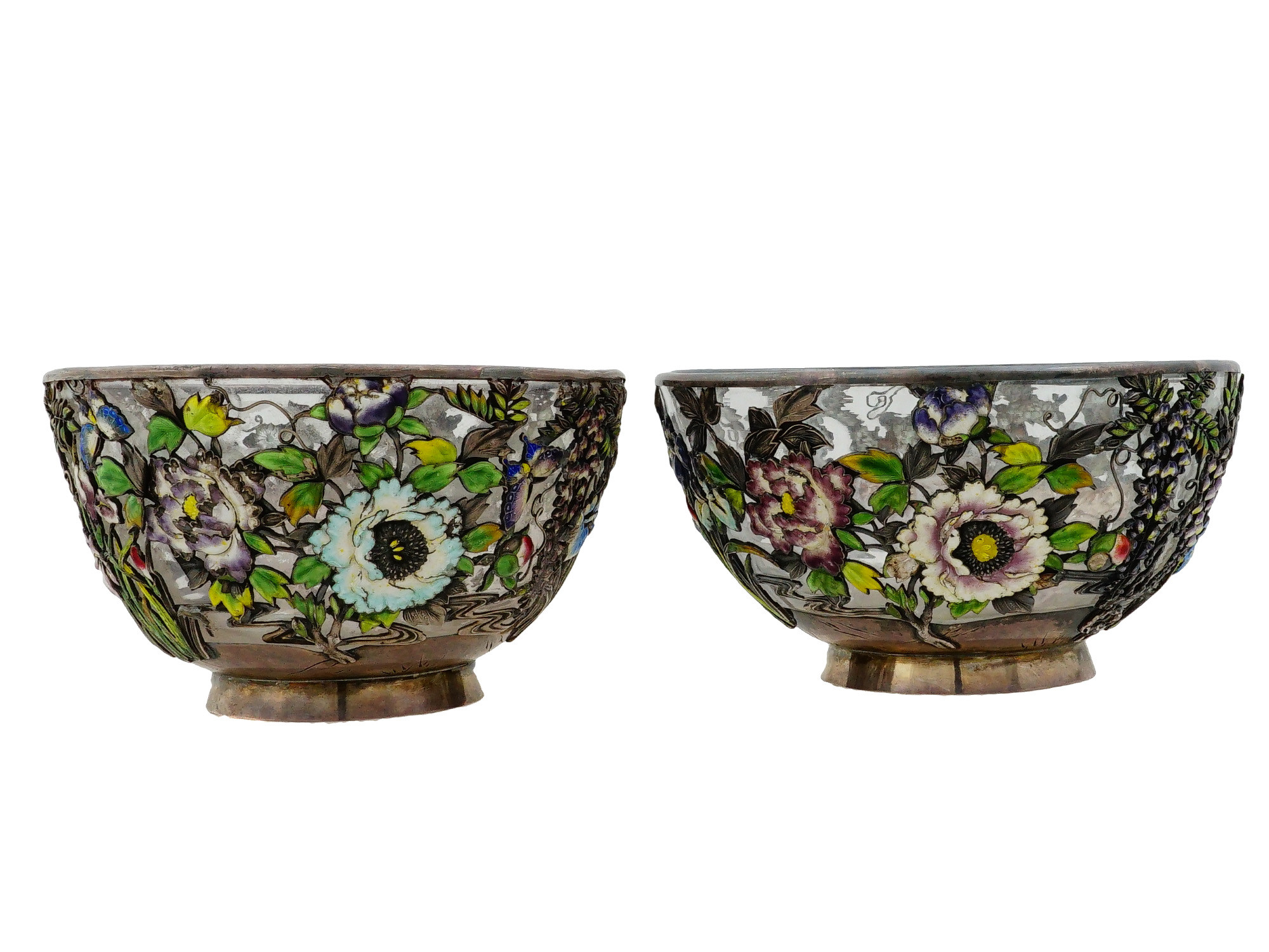 JAPANESE SILVER ENAMEL FLORAL BOWLS PAIR MITSUYUKI HISAYUKI