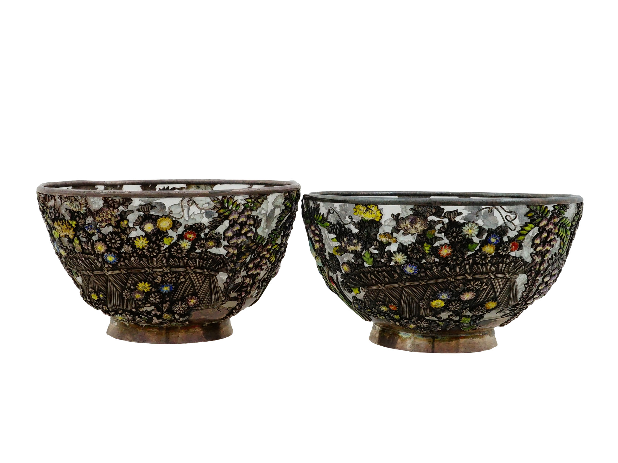 JAPANESE SILVER ENAMEL FLORAL BOWLS PAIR MITSUYUKI HISAYUKI